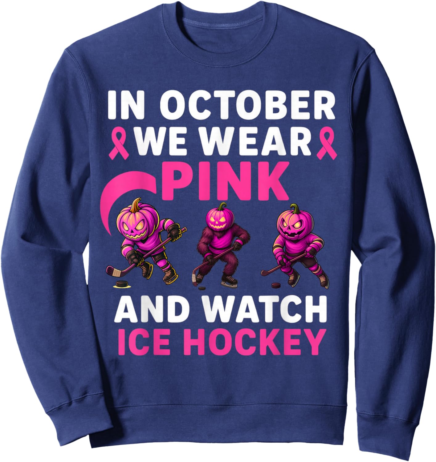 in October We Wear Pink Mythical Ice Hockey Creatures Sweatshirt - Sweatshirt | Navy