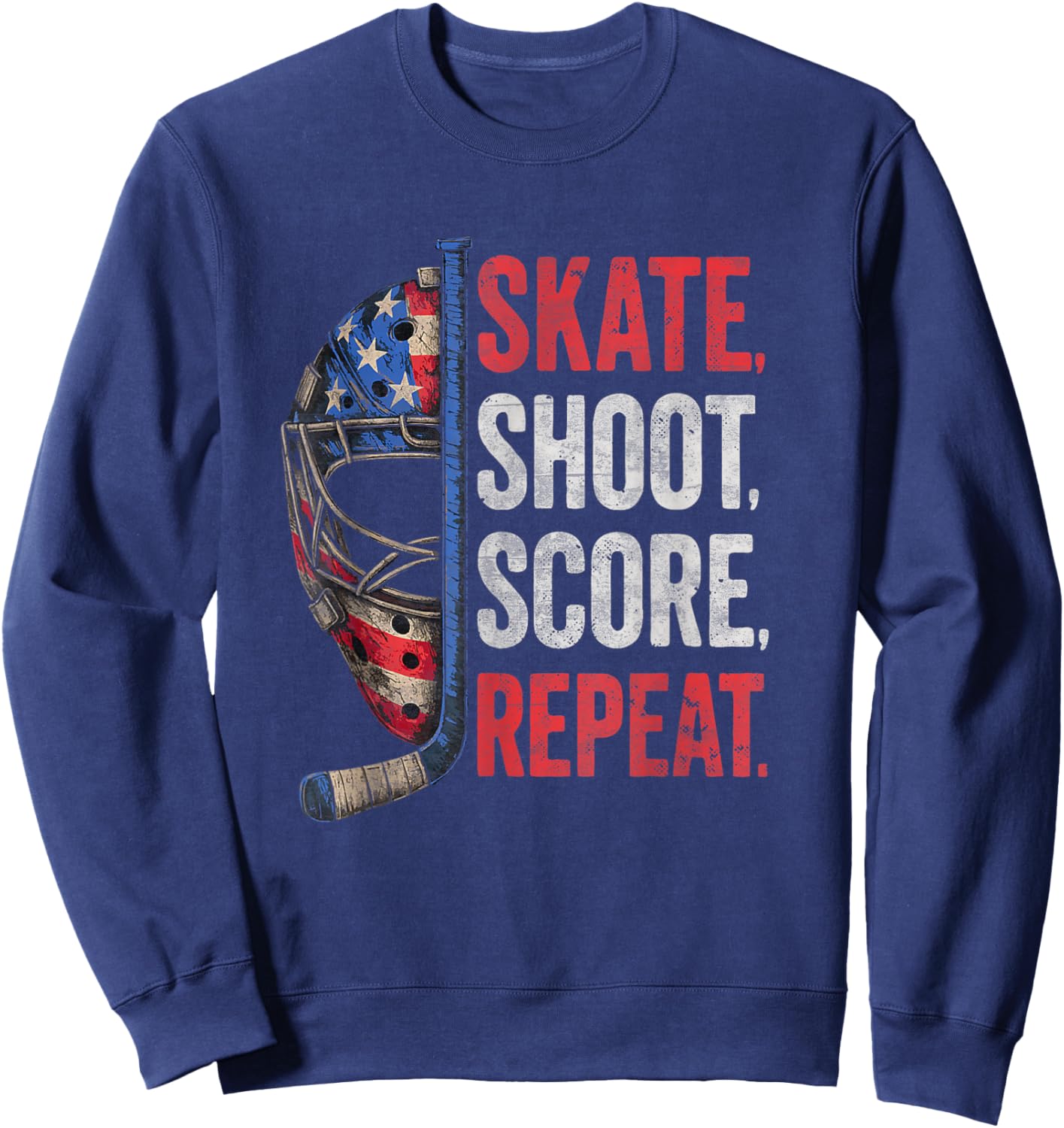 Skate Shoot Score Repeat American Hockey America USA Flag Sweatshirt - Sweatshirt | Navy