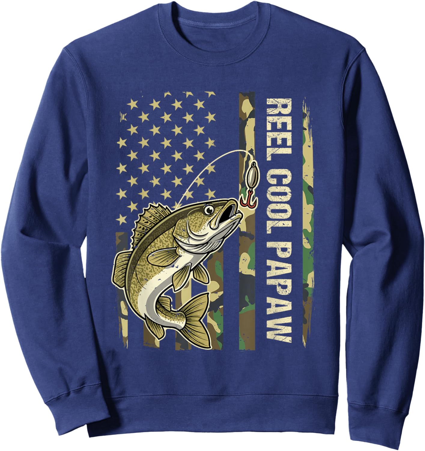Reel Cool Papaw Walleye Fishing Camo American Flag Fisherman Sweatshirt - Sweatshirt | Navy