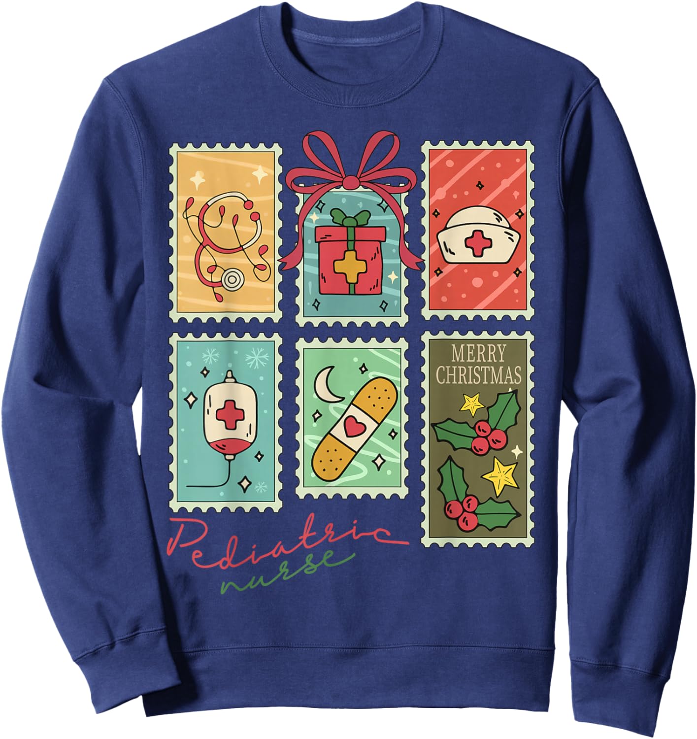 Merry Pediatric Emergency Nurse Christmas Retro Groovy Sweatshirt - Sweatshirt | Navy