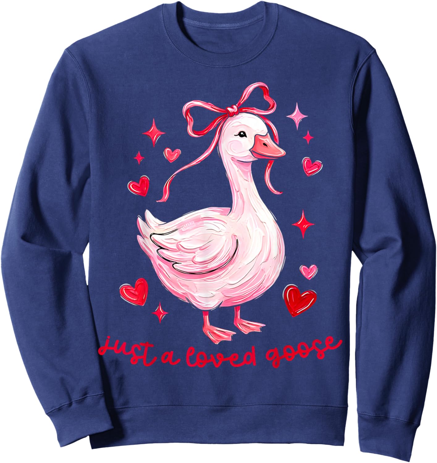 Just A Loved Goose Funny Valentine Coquette Bow Love Heart Sweatshirt - Sweatshirt | Navy