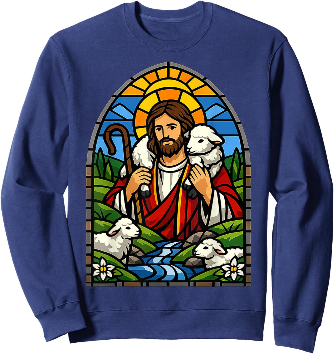 Stained Glass Jesus Shepherd with Lambs Christian Art Design Sweatshirt - Sweatshirt | Navy
