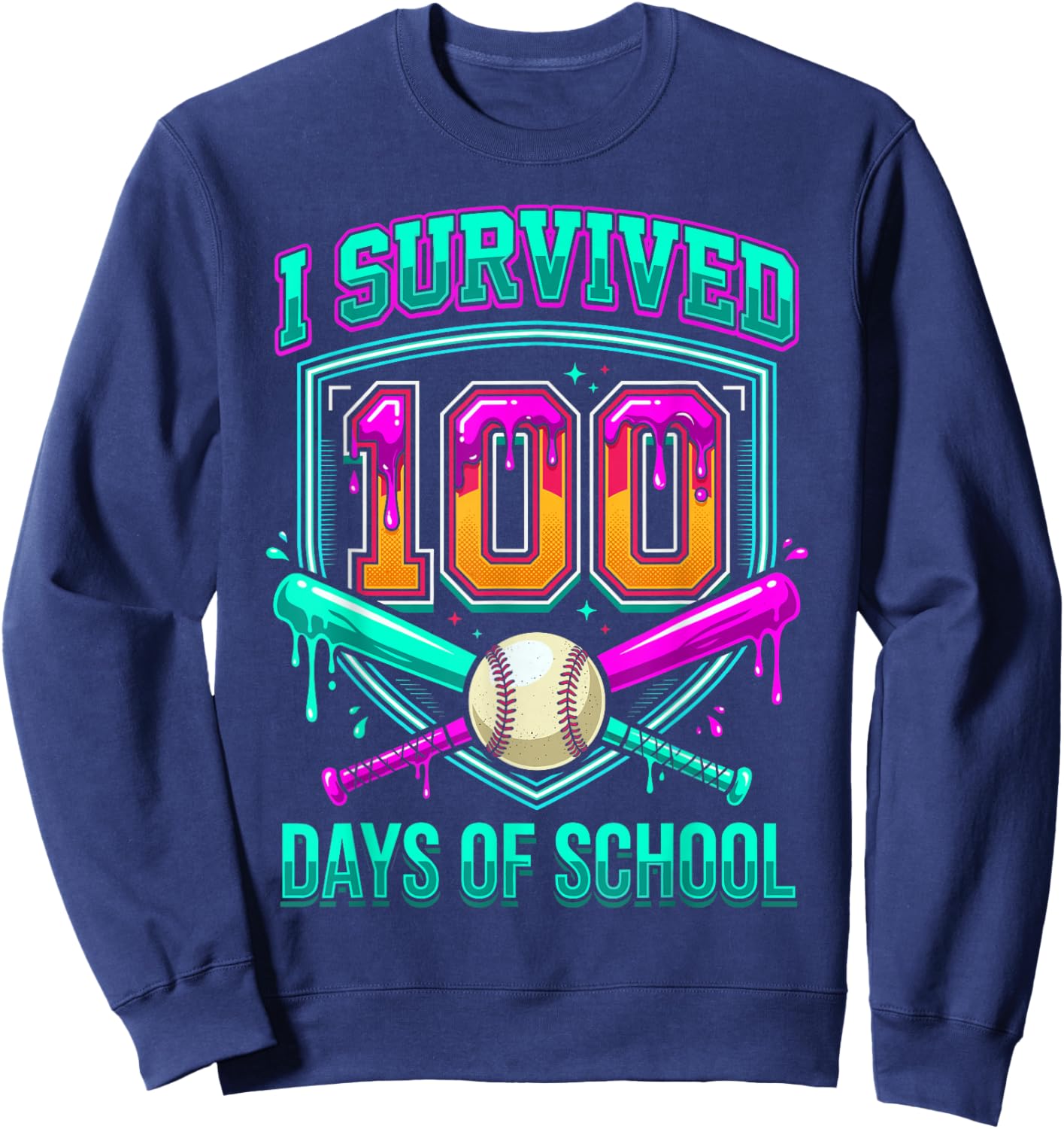 I Survived 100 Days of School Baseball Drip Sweatshirt - Sweatshirt | Navy