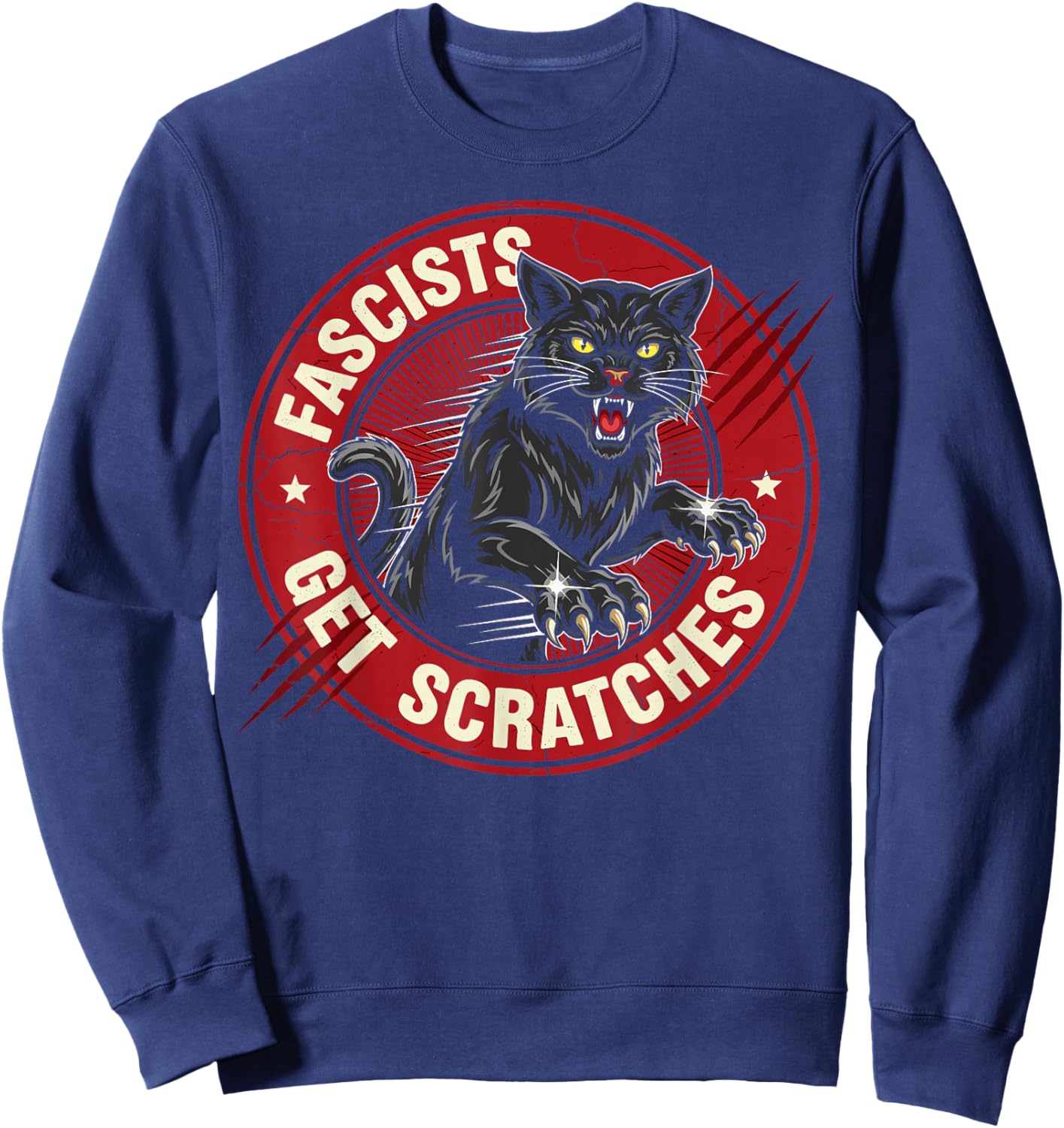 Vintage Black Cats Against Fascists Get Scratches Sweatshirt - Sweatshirt | Navy