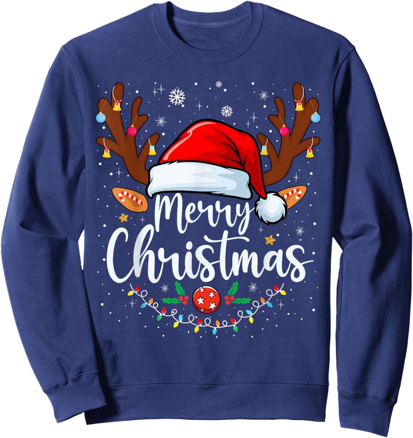 Merry Christmas Red Santa Hat Reindeer Xmas Matching Family Sweatshirt - Sweatshirt | Navy