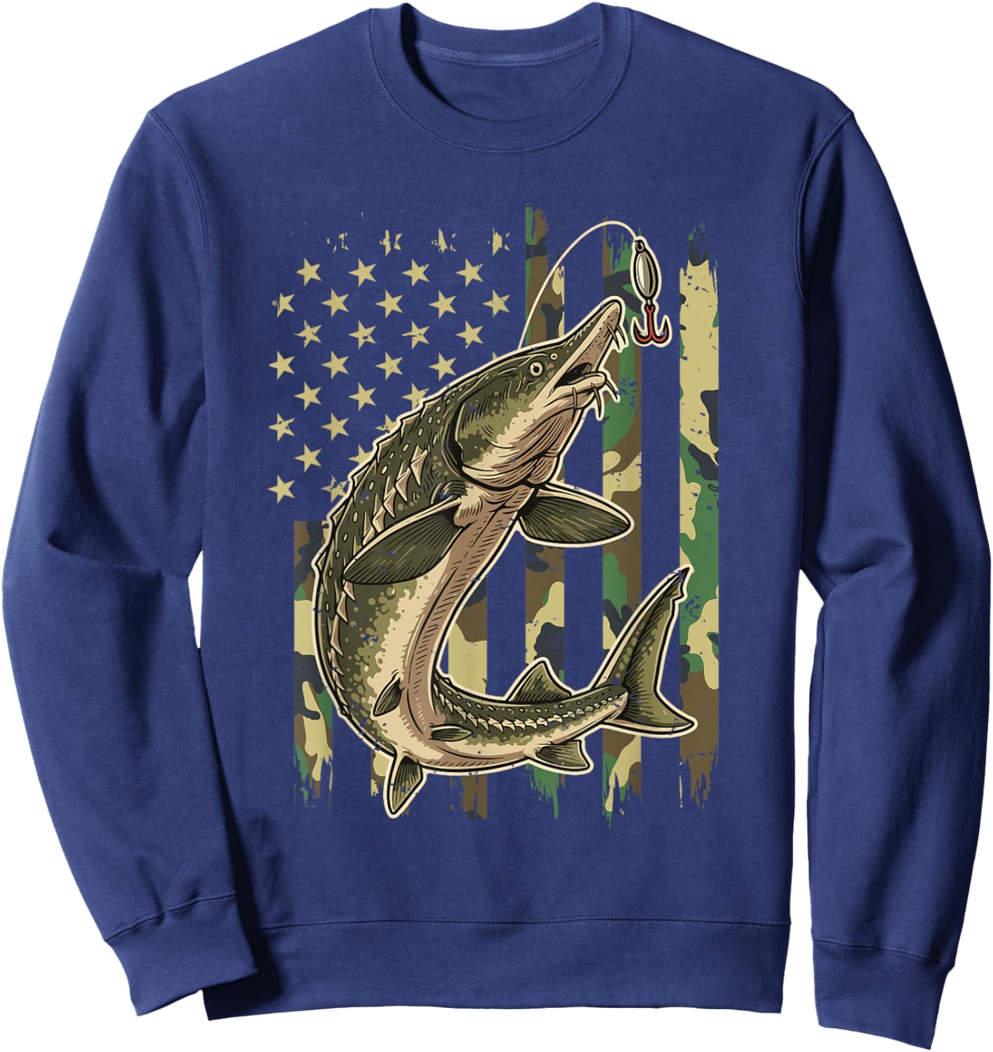Vintage Sturgeon Fishing Camo American Flag Fisherman Sweatshirt - Sweatshirt | Navy