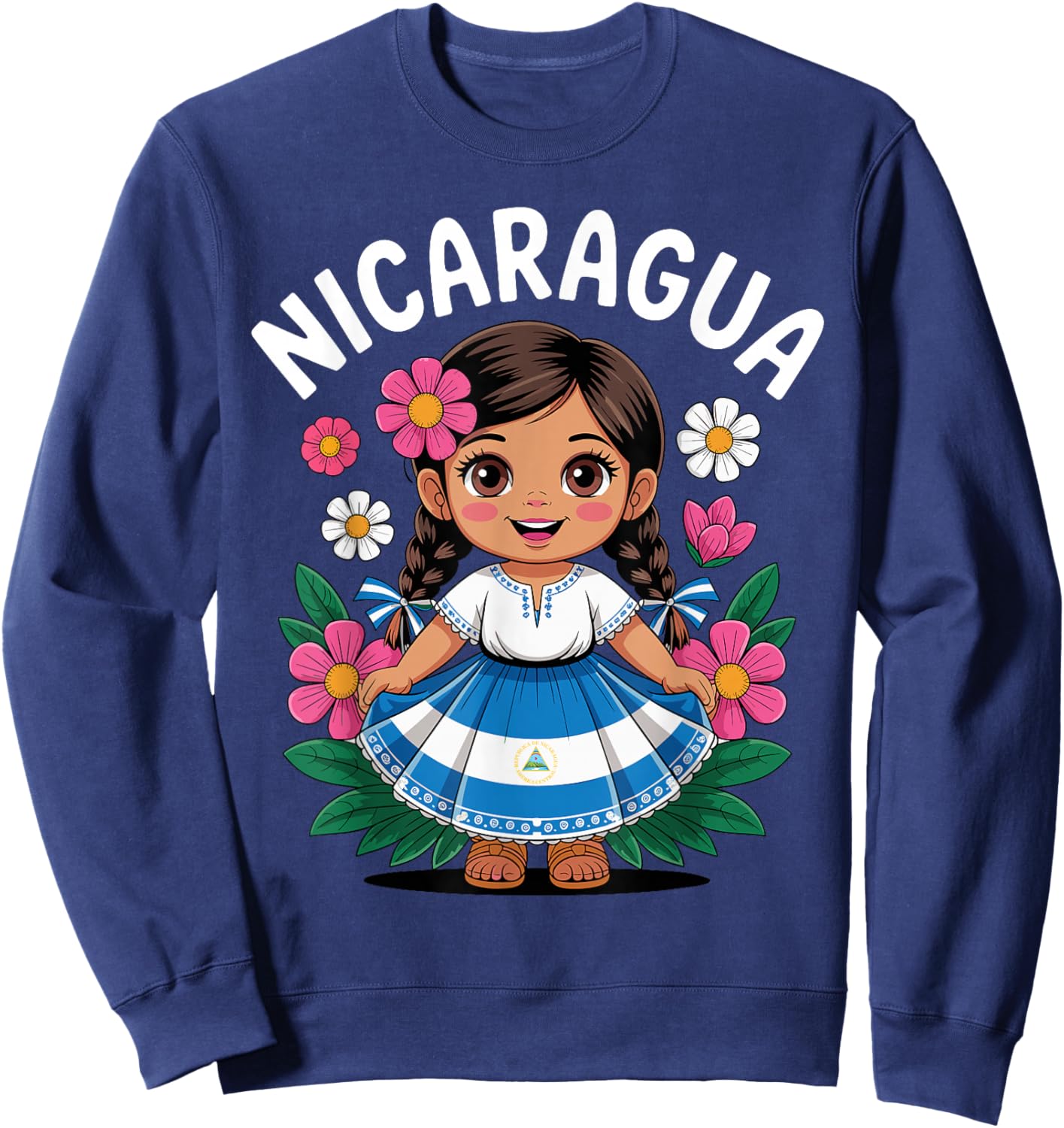 Cute Nicaragua Girl Traditional Dress with Flag Art for Kids Sweatshirt - Sweatshirt | Navy