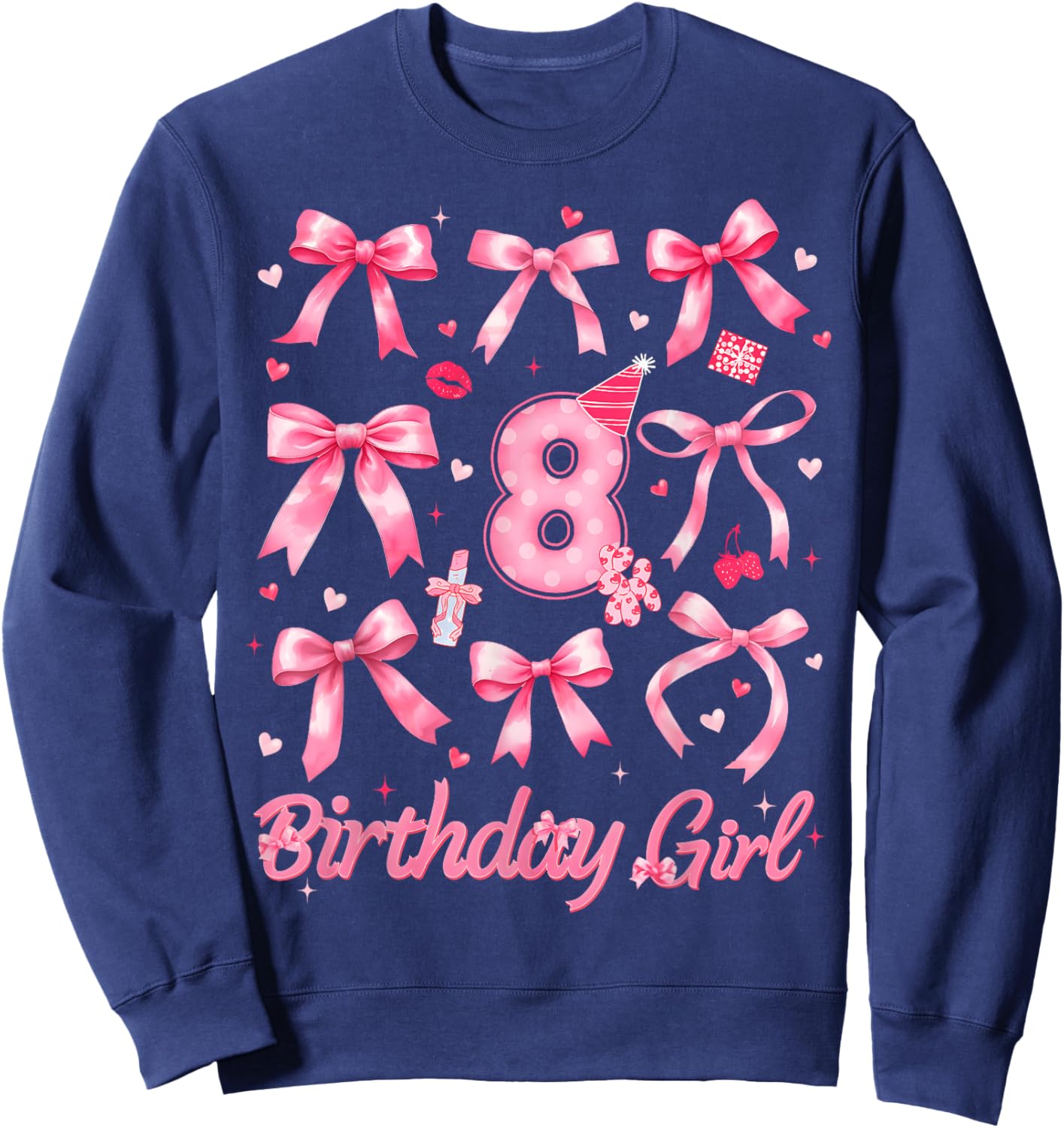 8th Birthday 8 Years Old Coquette Bow Pink Birthday Girl Sweatshirt - Sweatshirt | Navy