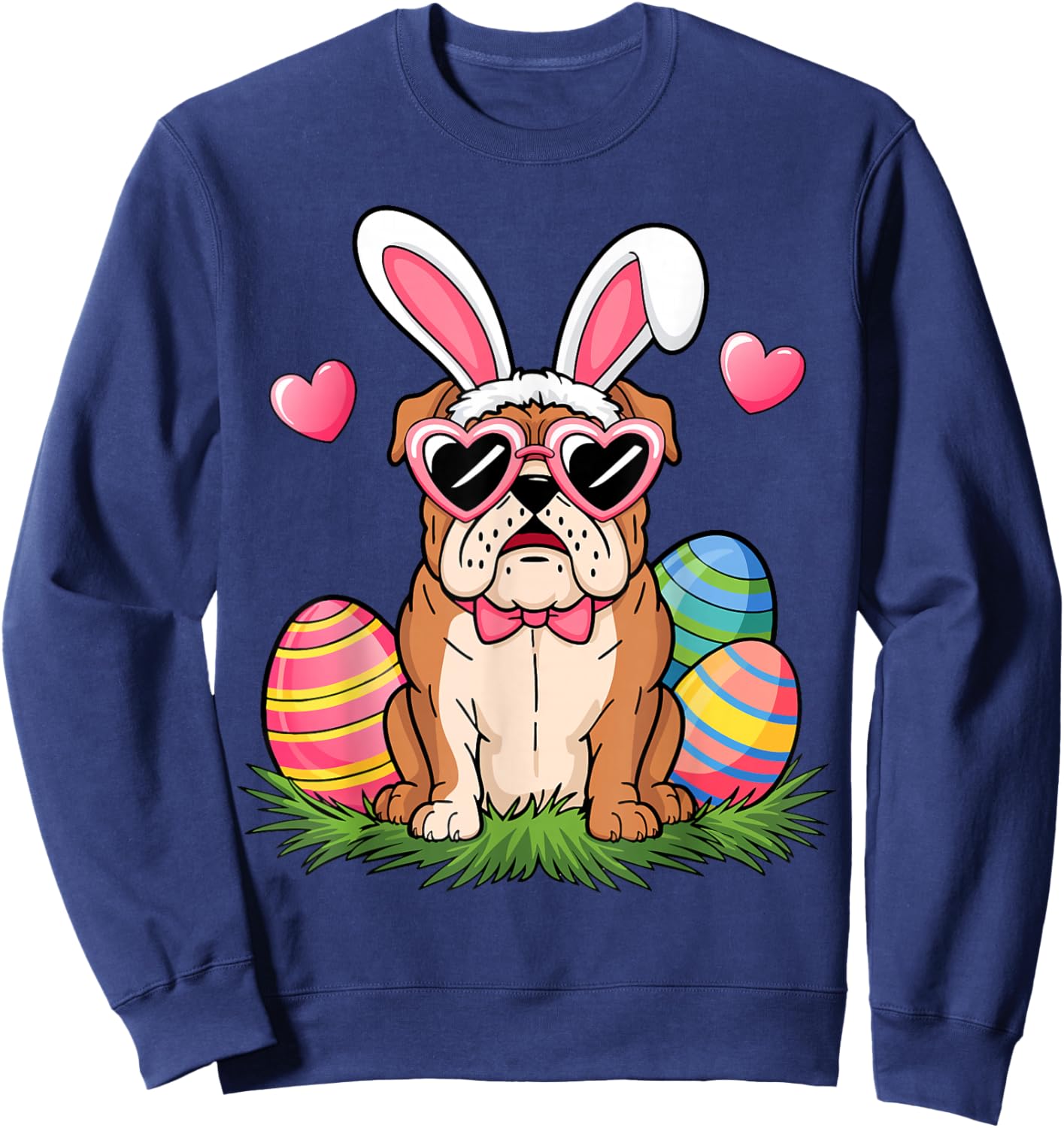 English Bulldog Dog Easter Day Ears Bunny Women Girls Boys Sweatshirt - Sweatshirt | Navy