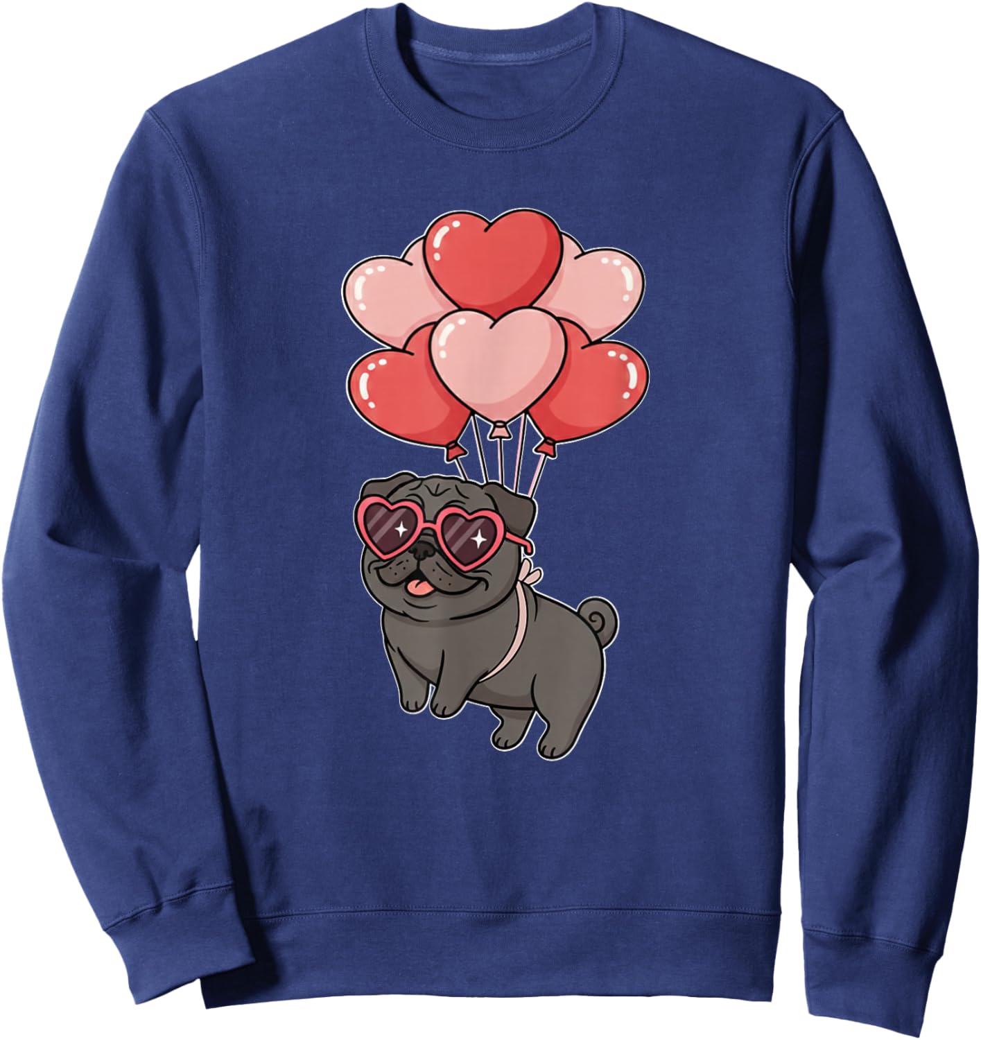 Girls Valentines Day Heart Balloons Black Pug Lover Sweatshirt - Sweatshirt | Navy
