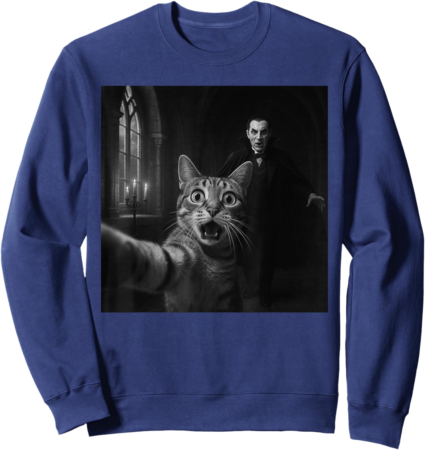 Funny Halloween Surprised Scared Cat Selfie Dracula Vampire Sweatshirt - Sweatshirt | Navy