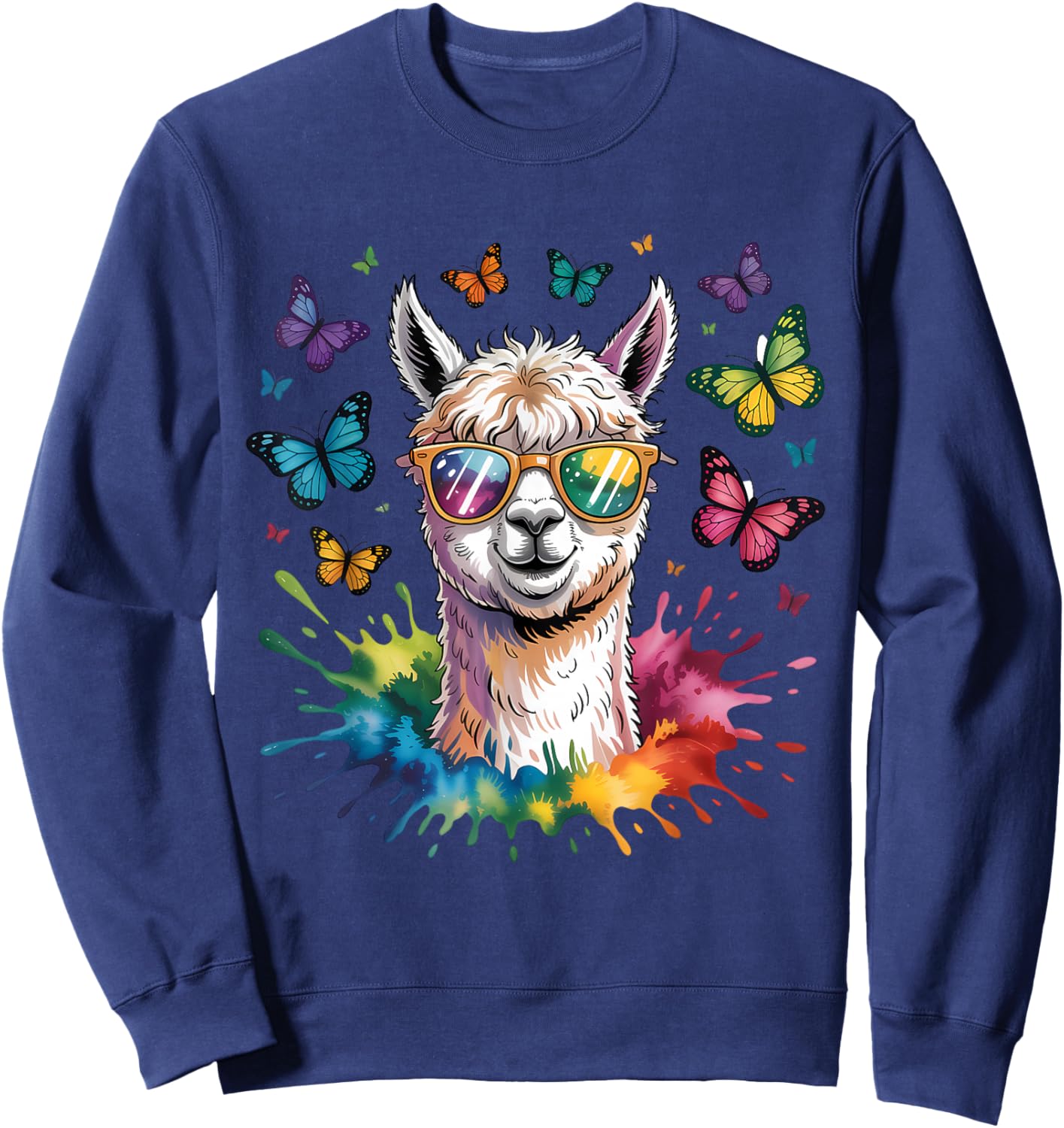 Cute Llama with Sunglasses Animal Art Graphic Funny Alpaca Sweatshirt - Sweatshirt | Navy