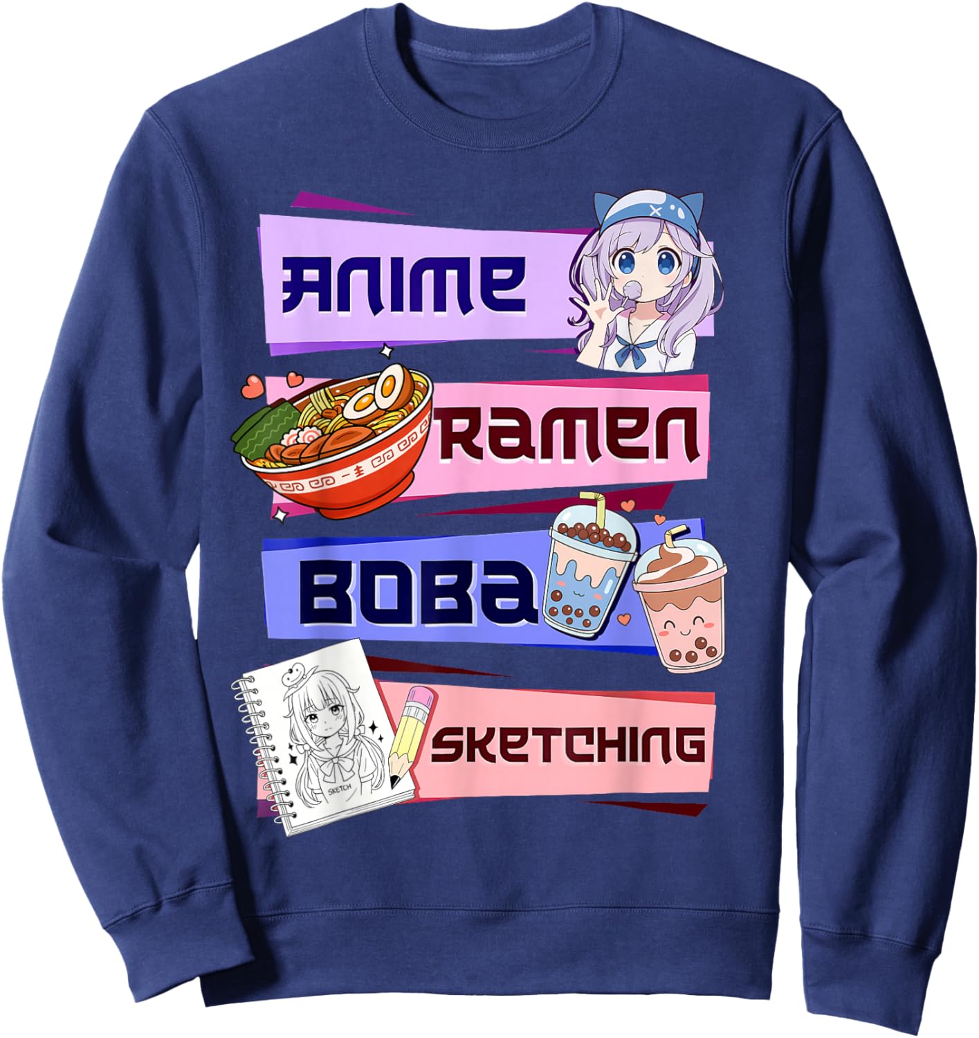 Anime Girl Ramen Boba Tea Bubble Tea Sketching Japanese Sweatshirt - Sweatshirt | Navy