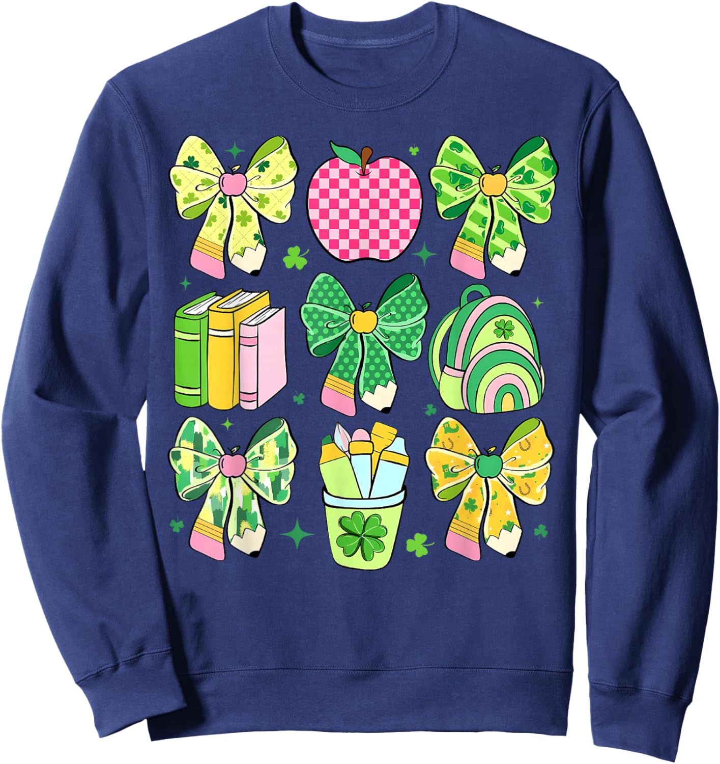 Lucky Teacher St Patrick's Day Coquette Bow Book Apple Sweatshirt - Sweatshirt | Navy