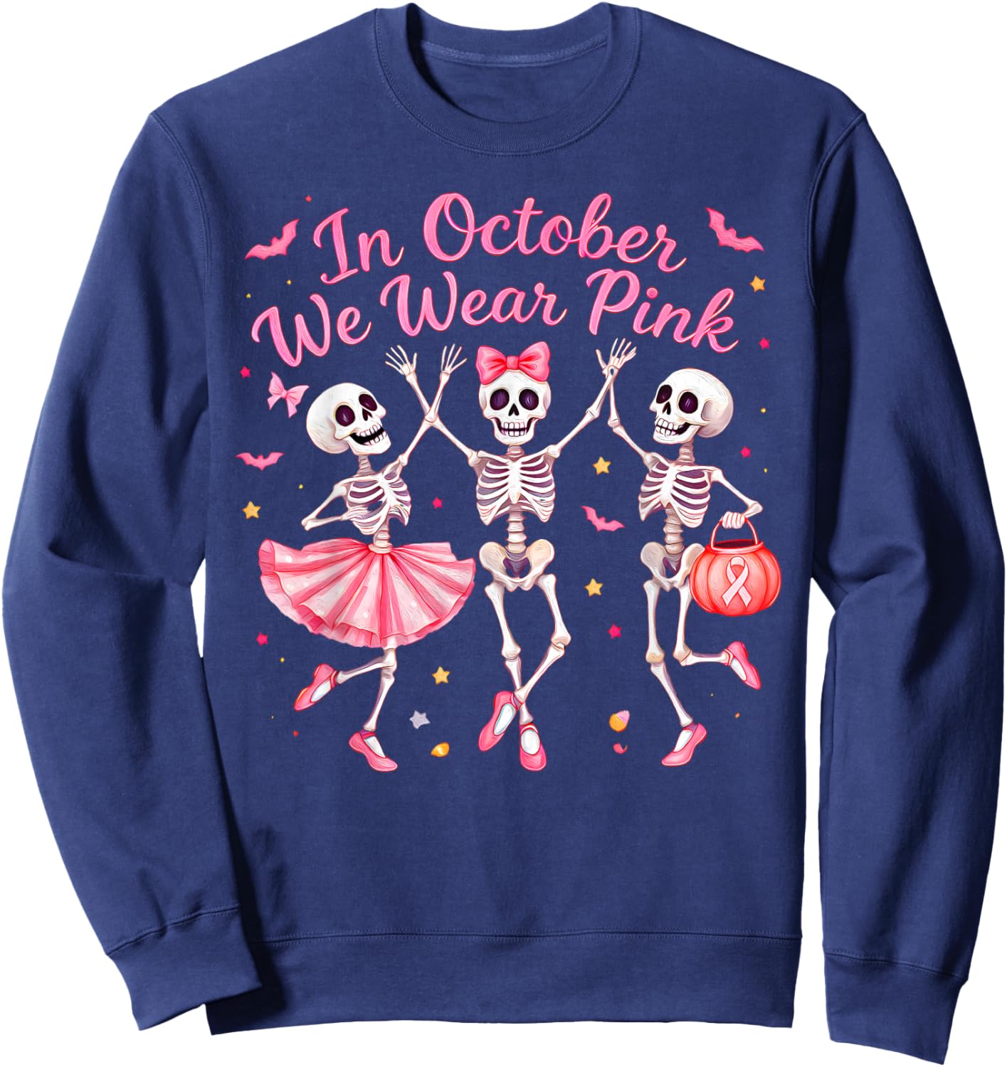 in October We Wear Pink Dancing Skeleton Breast Cancer Sweatshirt - Sweatshirt | Navy