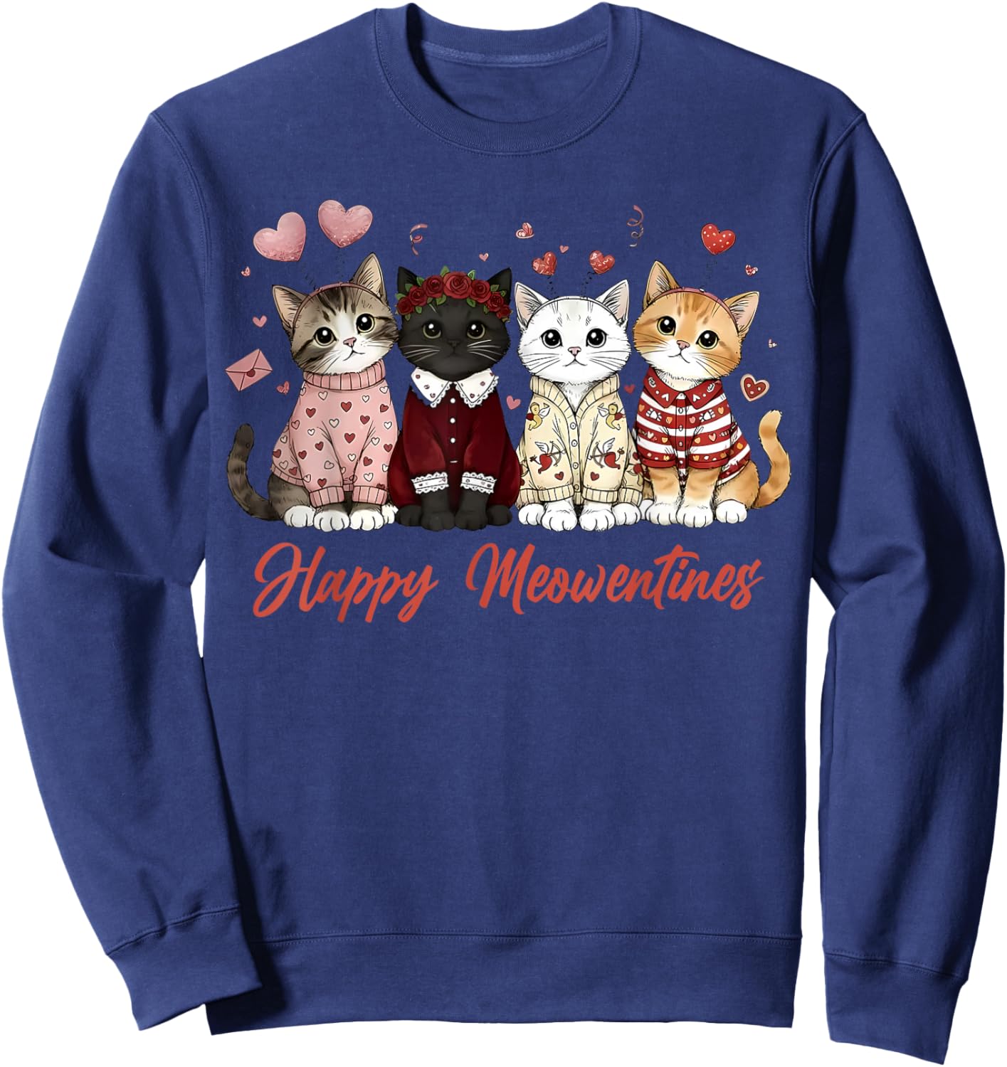 Valentine Cat Happy Meowentines Heart Valentines Cat Lover Sweatshirt - Sweatshirt | Navy
