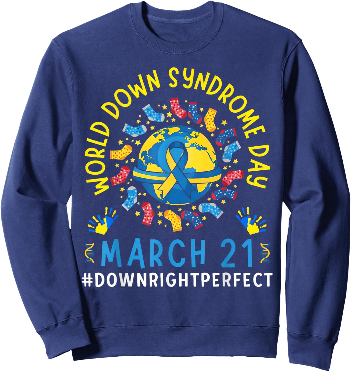 Funny Ribbon World Down Syndrome Day Awareness Support Kids Sweatshirt - Sweatshirt | Navy