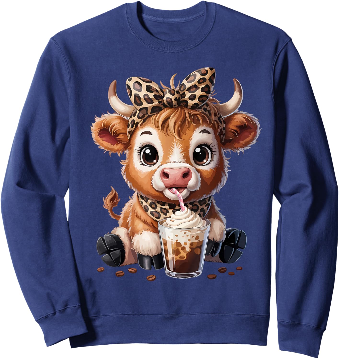 Highland Cow Coffee Leopard Bow Cowgirl Girls Women Sweatshirt - Sweatshirt | Navy