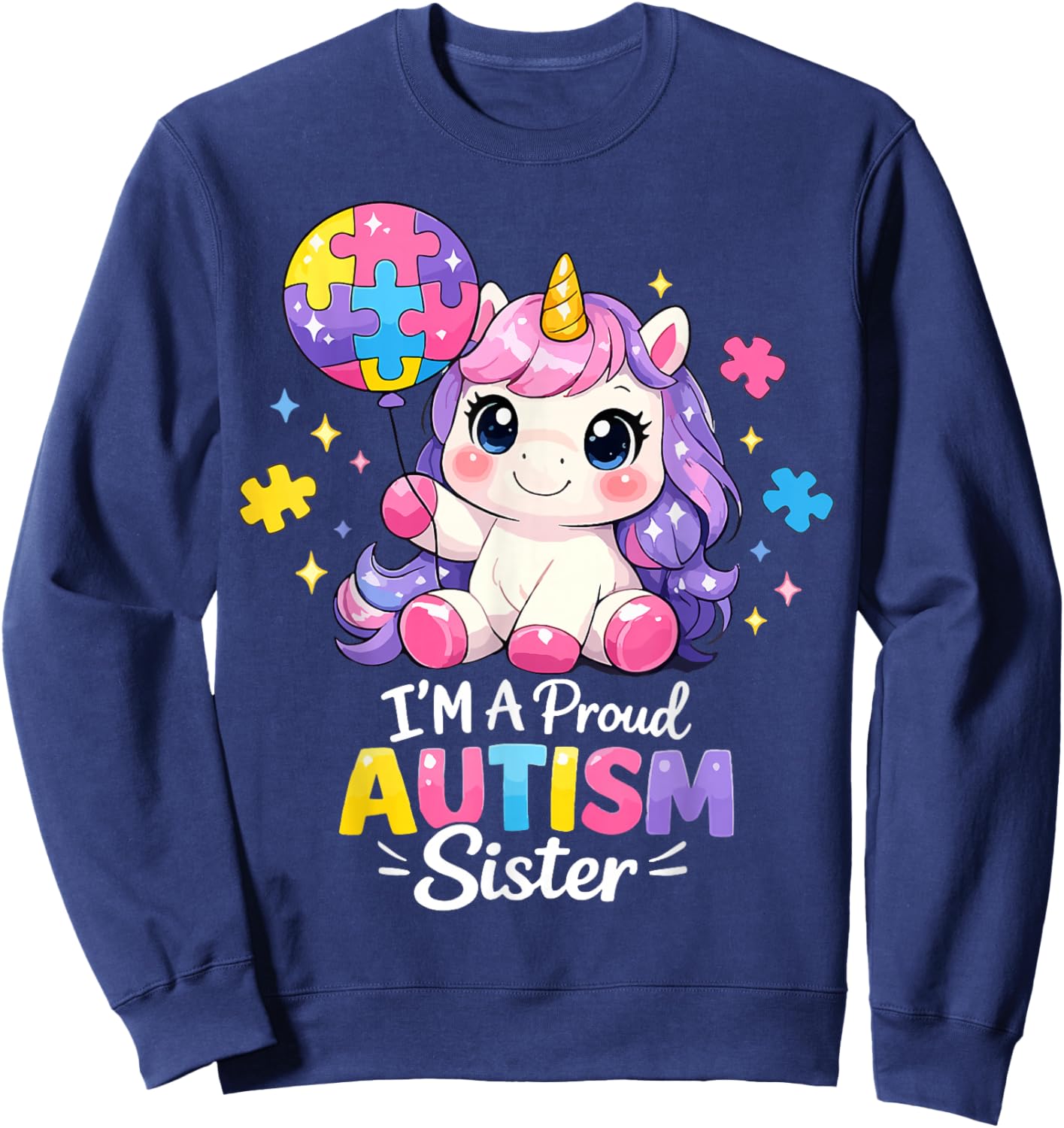 Proud Sister Autism Awareness Cute Unicorn Puzzle Girls Sweatshirt - Sweatshirt | Navy