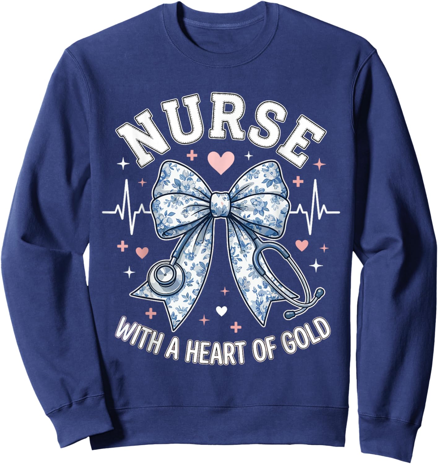 Cute Nurse Bow with A Heart of Gold Nursing Student RN | CNA Sweatshirt - Sweatshirt | Navy