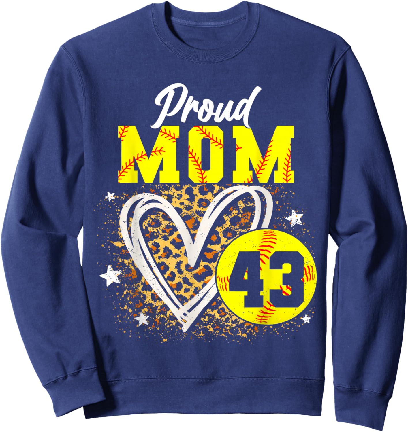 Proud Mom of Softball Player Number 43 Leopard Heart Sports Sweatshirt - Sweatshirt | Navy