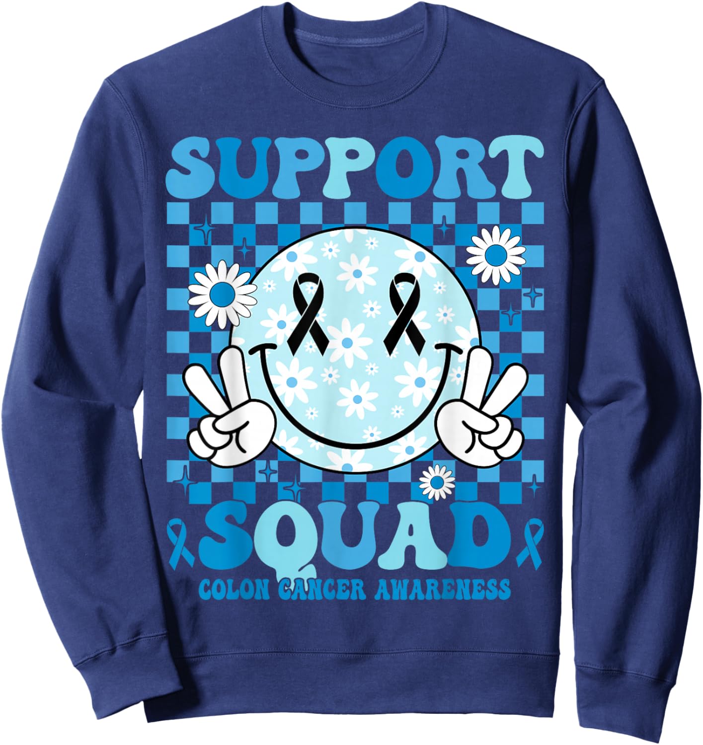 Support Squad Blue Ribbon Smile Face Colon Cancer Awareness Sweatshirt - Sweatshirt | Navy