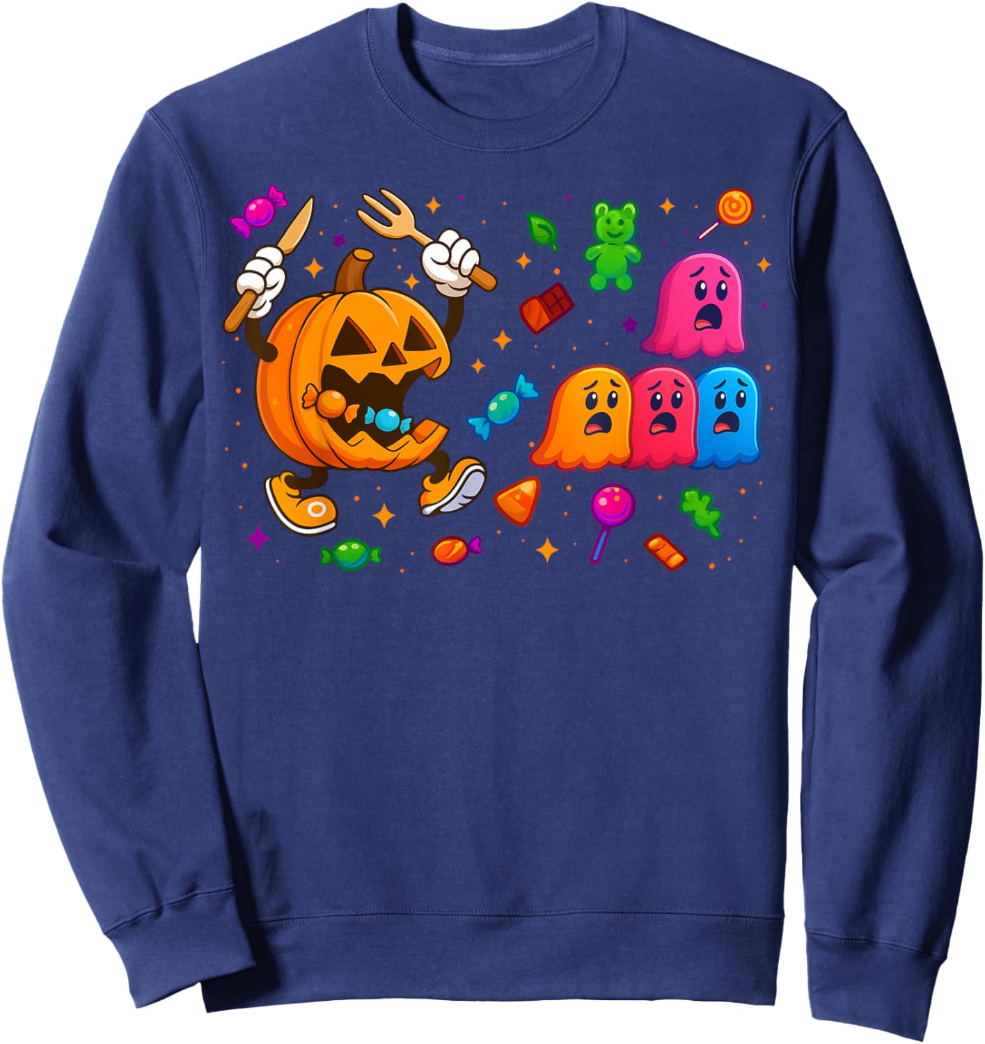 Gamer Pumpkin Eating Ghost Halloween Costume Men Boys Kids Sweatshirt - Sweatshirt | Navy