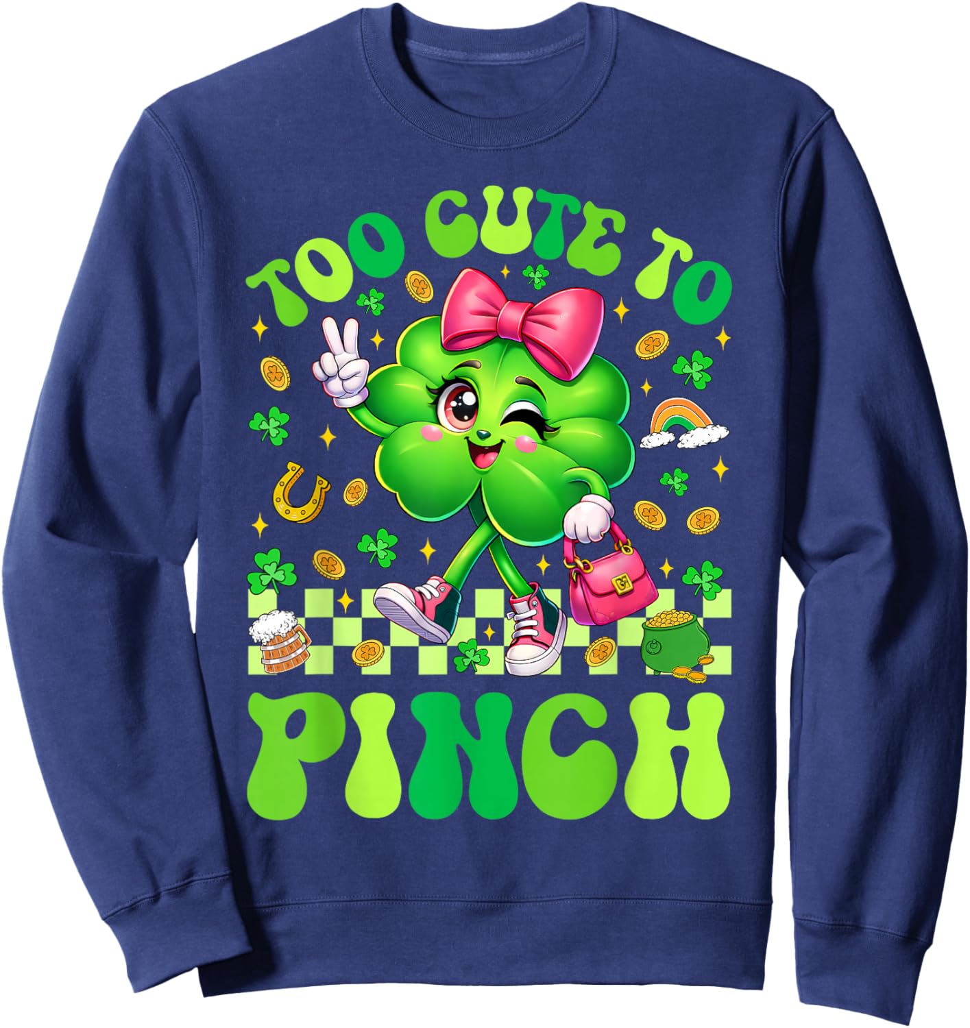 Too Cute to Pinch Shamrock St Patricks Day Toddler Girl Kids Sweatshirt - Sweatshirt | Navy