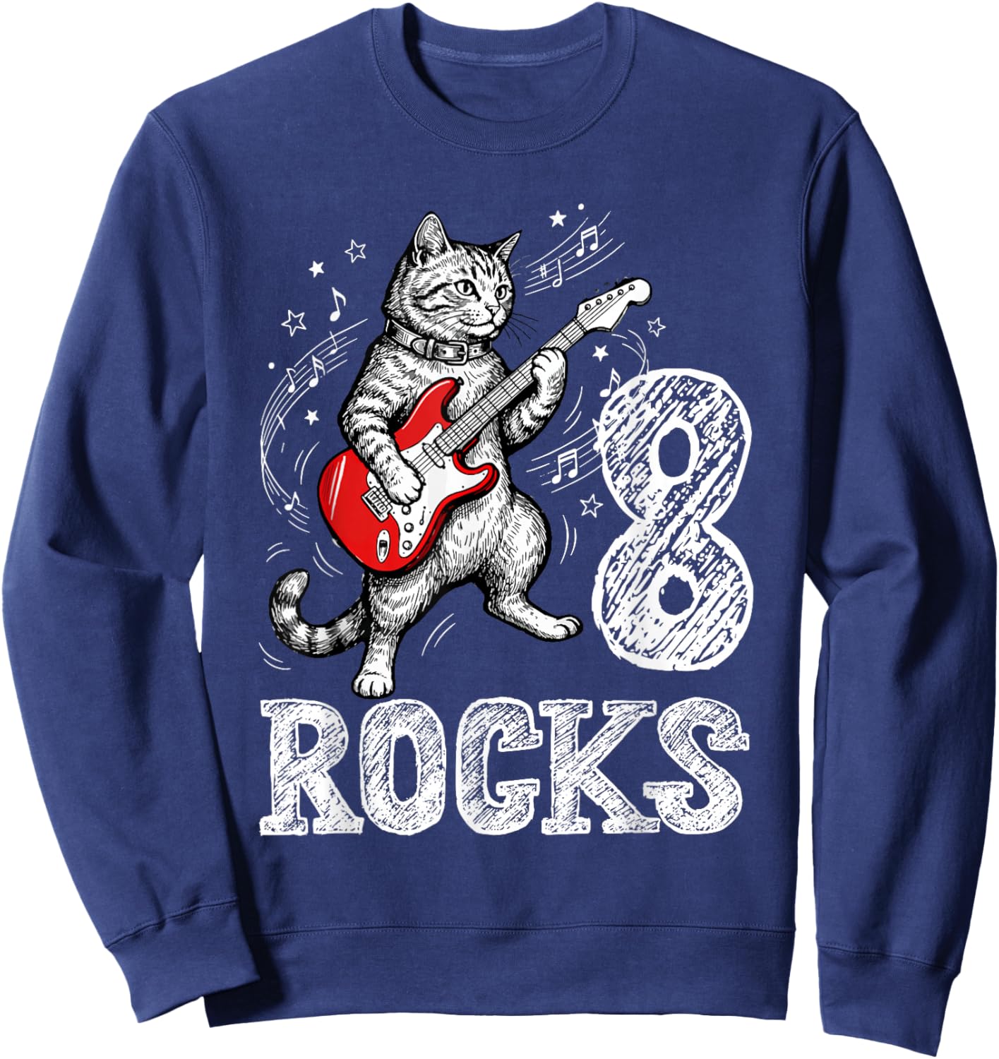Funny Cat Playing Guitar 8 Rocks 8th Birthday Kids Gift Sweatshirt - Sweatshirt | Navy