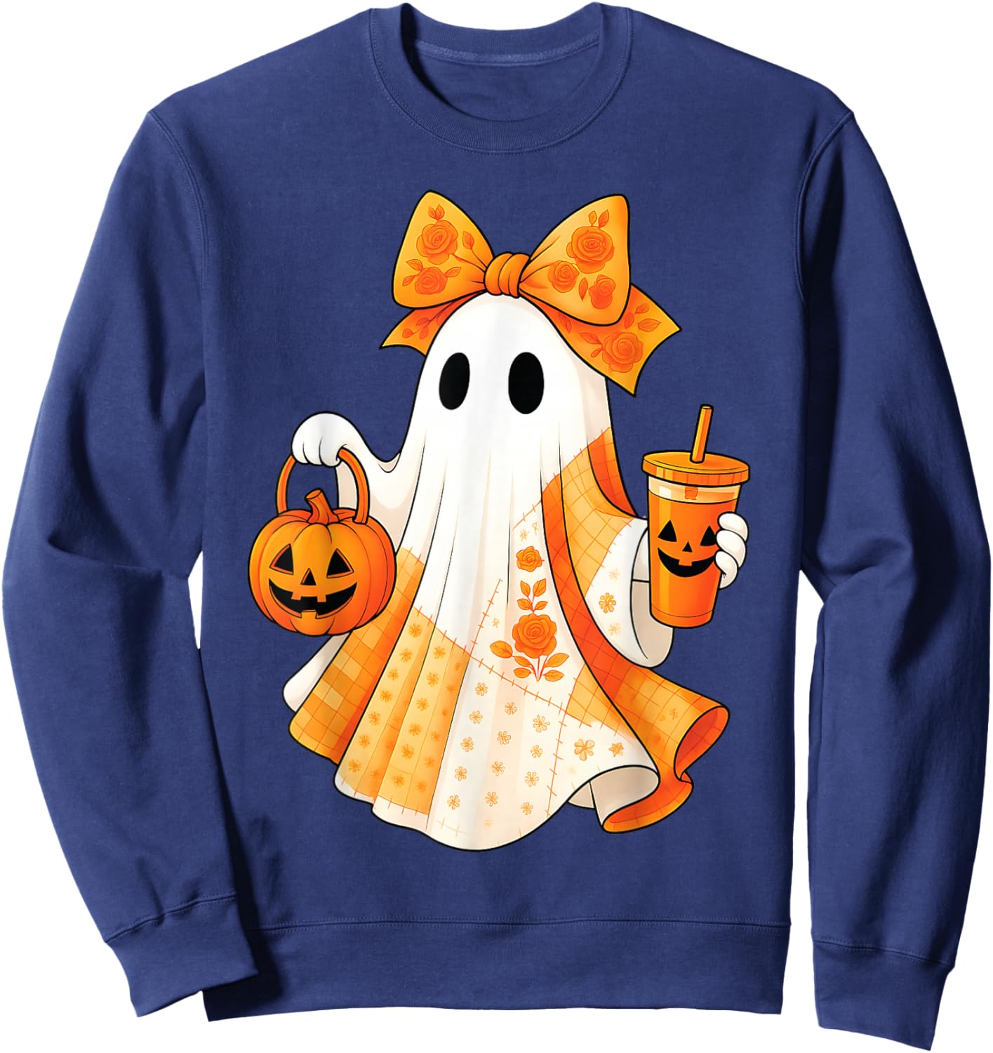 Spooky Cute Ghost Drinking Iced Coffee Pumpkin Bow Halloween Sweatshirt - Sweatshirt | Navy