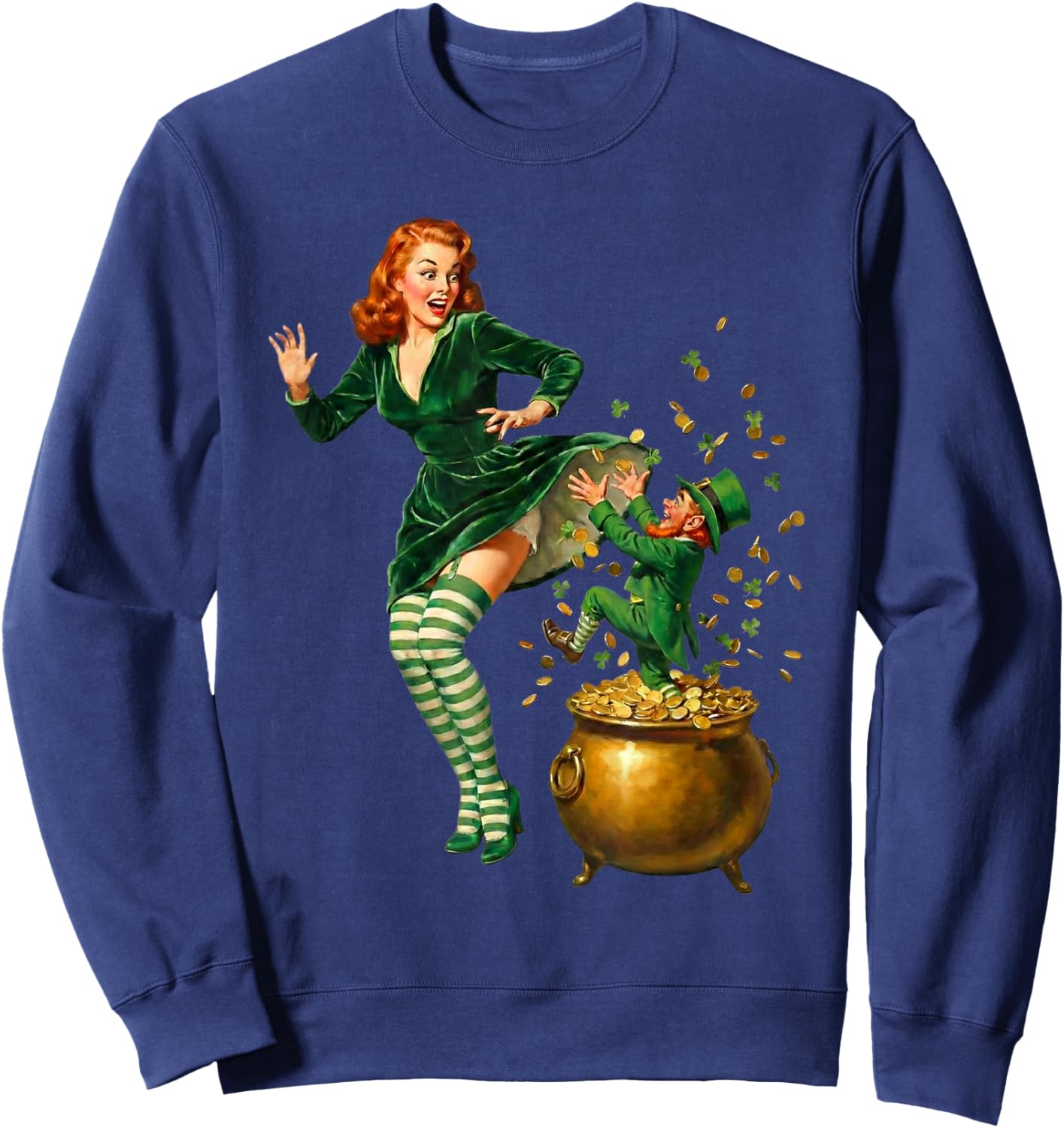 Vintage St Patricks Day Pinup Leprechaun Lucky Pot of Gold Sweatshirt - Sweatshirt | Navy