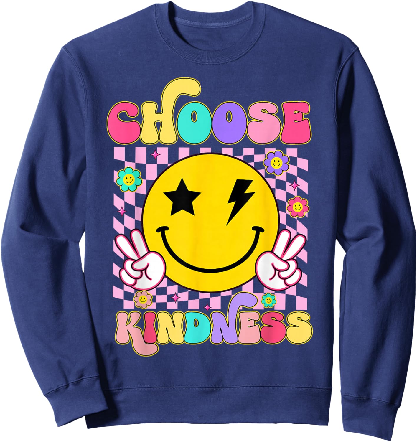 Choose Kindness Smile Face Groovy Be Kind Inspirational Kids Sweatshirt - Sweatshirt | Navy