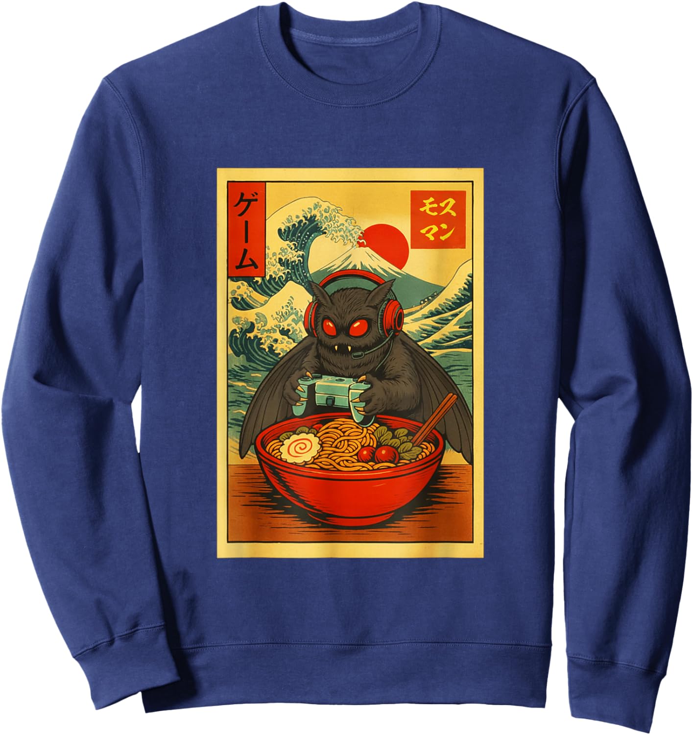 Mothman Crptid Gaming Ramen Ukiyo-e Great Wave Retro Art Sweatshirt - Sweatshirt | Navy
