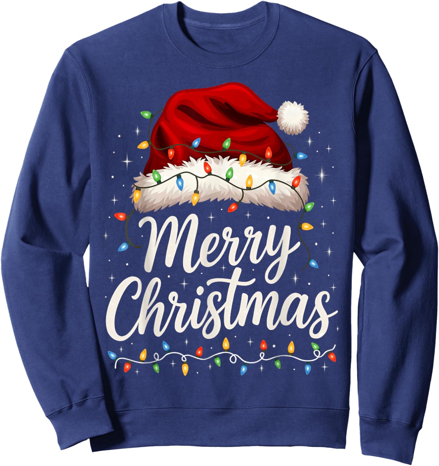 Merry Christmas Lights Red Santa Hat Xmas Family Men Women Sweatshirt - Sweatshirt | Navy