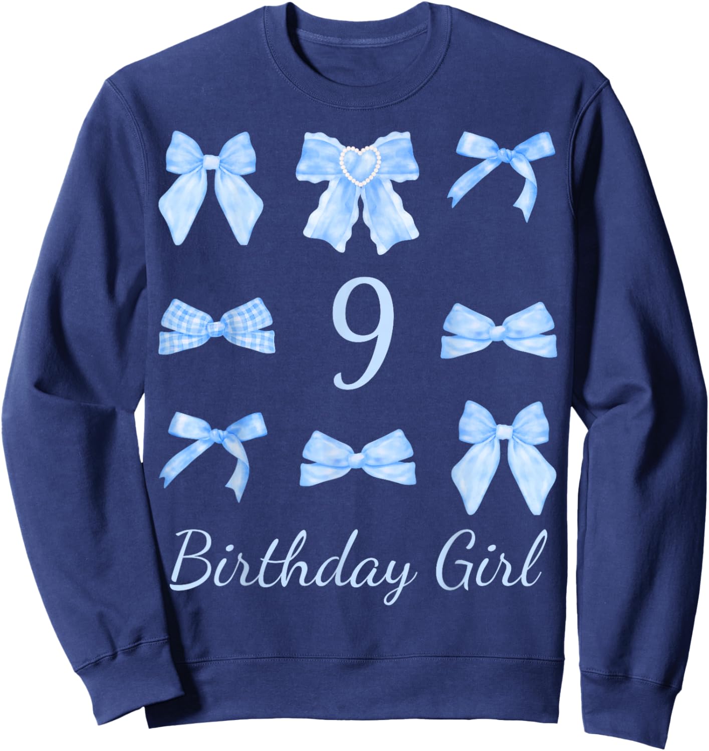 Cute 9 Year Old Birthday Girl Blue Bow and Ribbons Sweatshirt - Sweatshirt | Navy