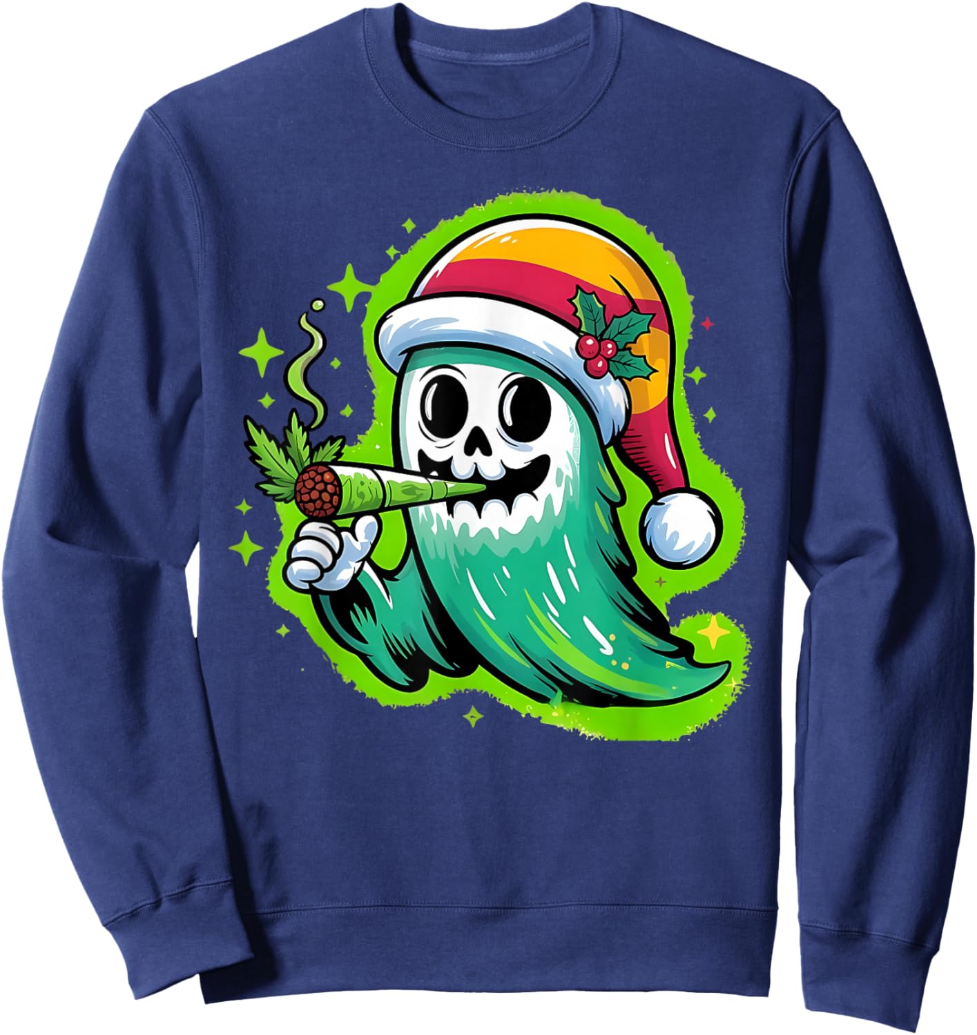 Ghost Santa Hat Smoking Stoner Weed 420 Cannabis Christmas Sweatshirt - Sweatshirt | Navy