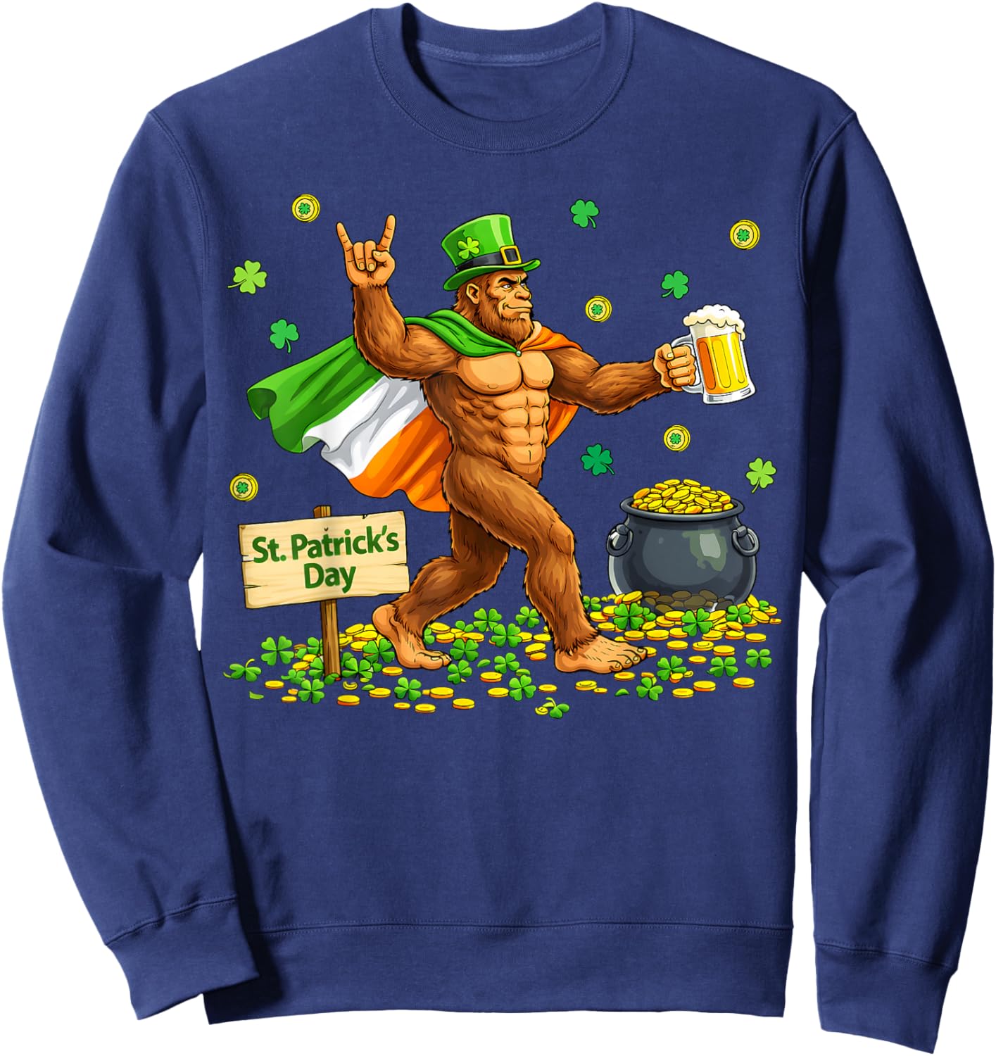 Bigfoot St Patrick's Day Irish Flag Cape Beer Rock Sasquatch Sweatshirt - Sweatshirt | Navy