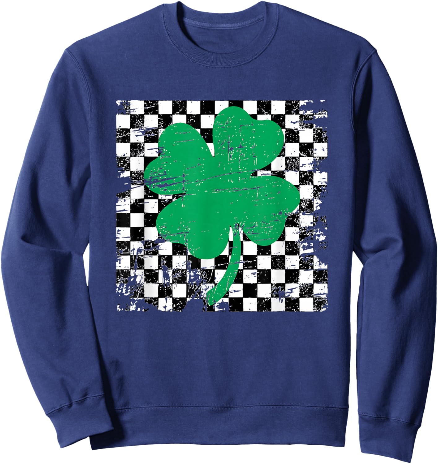 St. Patrick’s Green Clover Checker Design Retro Aesthetic Sweatshirt - Sweatshirt | Navy
