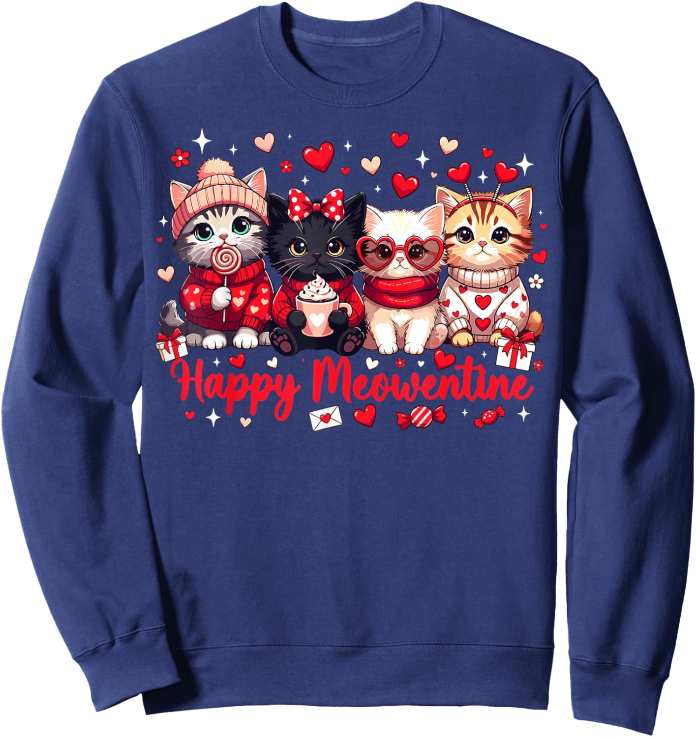 Happy Meowentine Cute Cat Lover Valentine Heart Sweatshirt - Sweatshirt | Navy