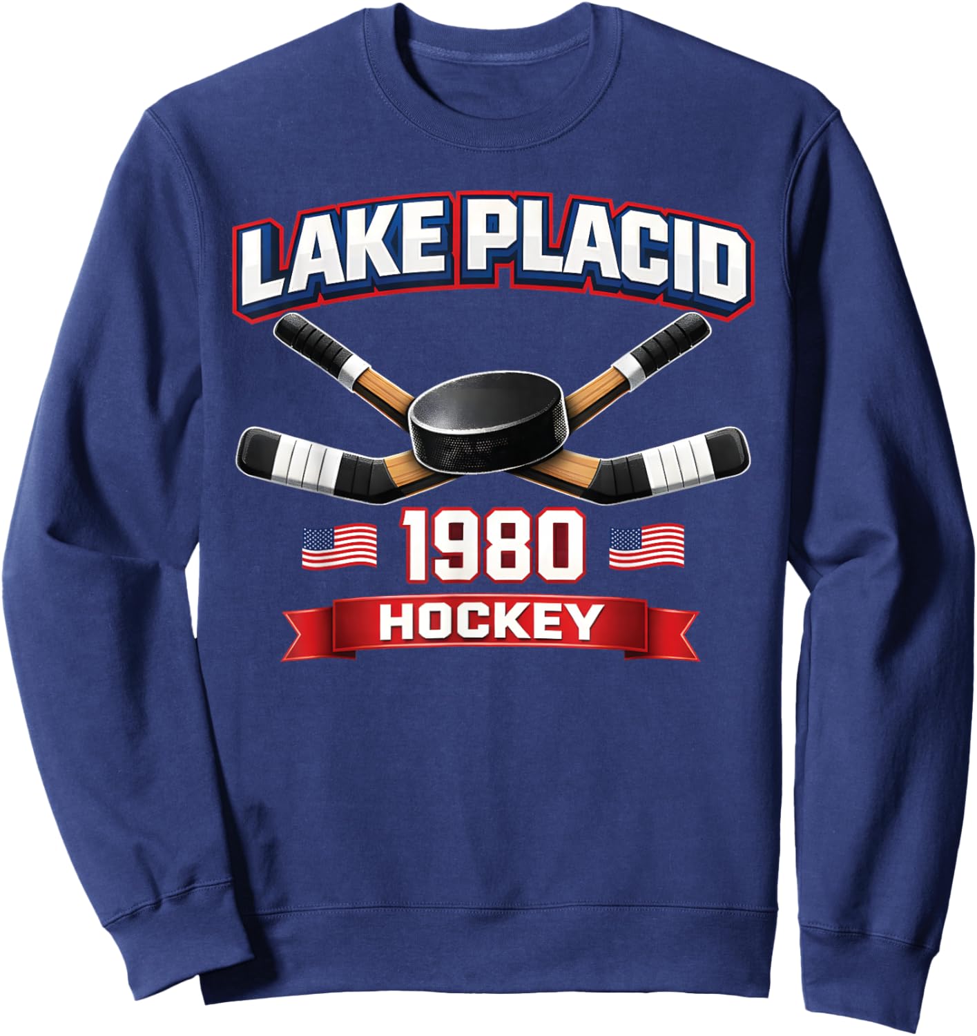 Lake Placid 1980 Hockey Vintage USA Puck New York Essex Goal Sweatshirt - Sweatshirt | Navy