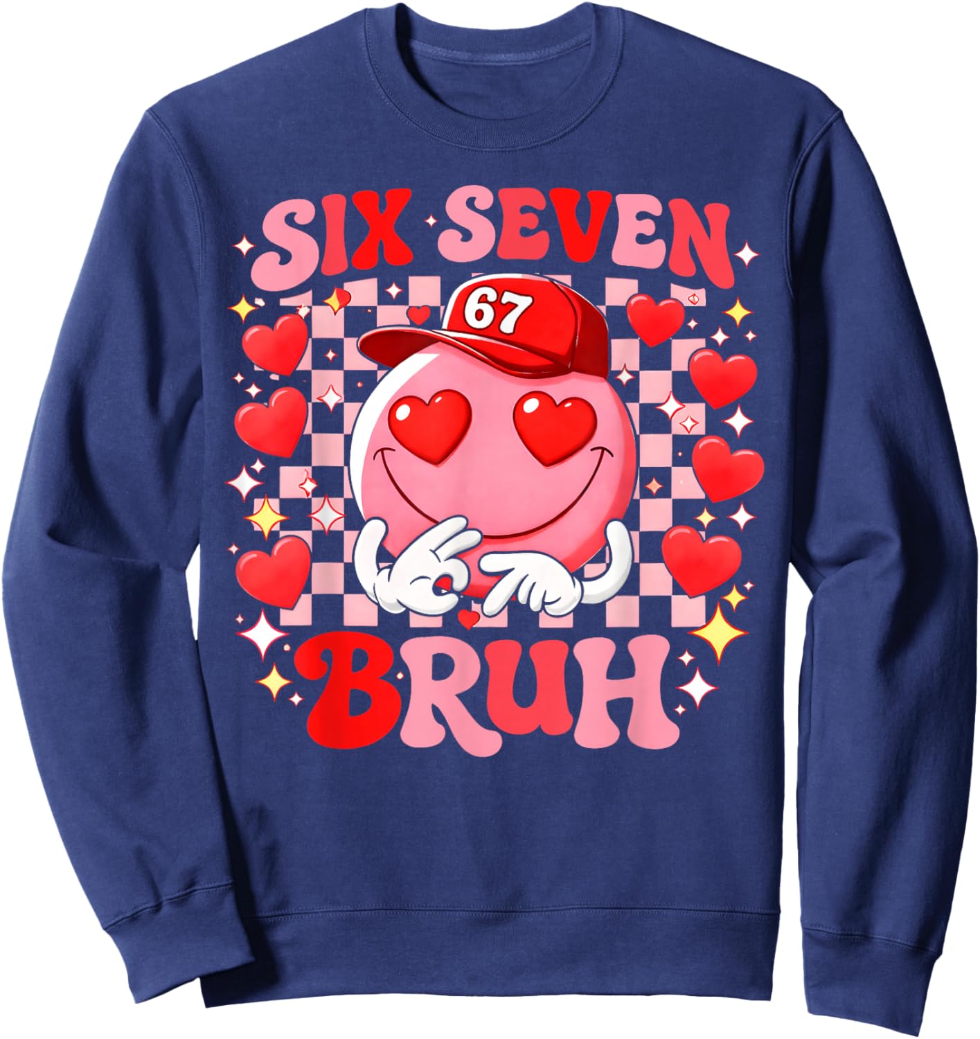 Valentine Groovy Smile Face Six Seven Bruh Heart Sunglasses Sweatshirt - Sweatshirt | Navy