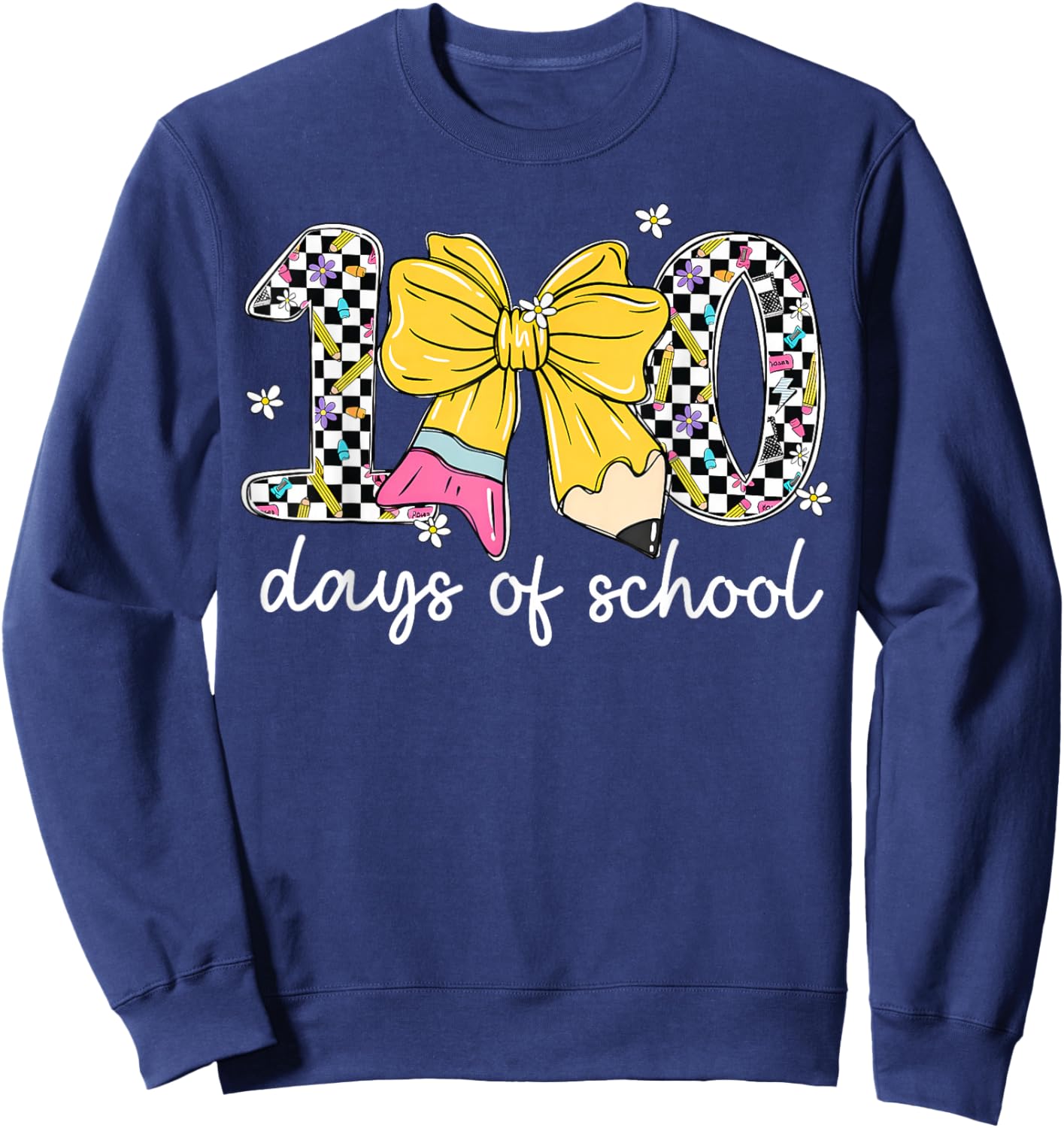 Floral Checkered 100 Days of School Pencil Bow Women Girl Sweatshirt - Sweatshirt | Navy