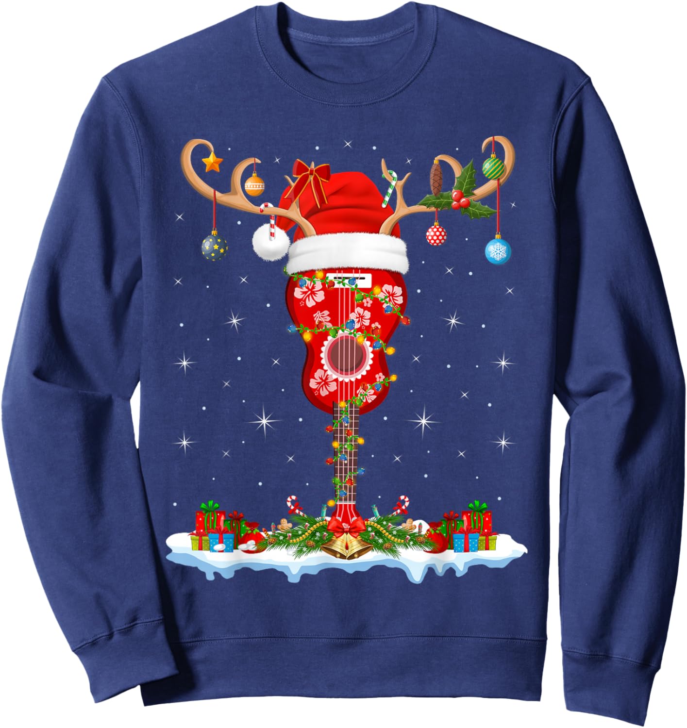 Ukulele Guitar Christmas Reindeer Santa Hat Hawaiian Xmas Sweatshirt - Sweatshirt | Navy