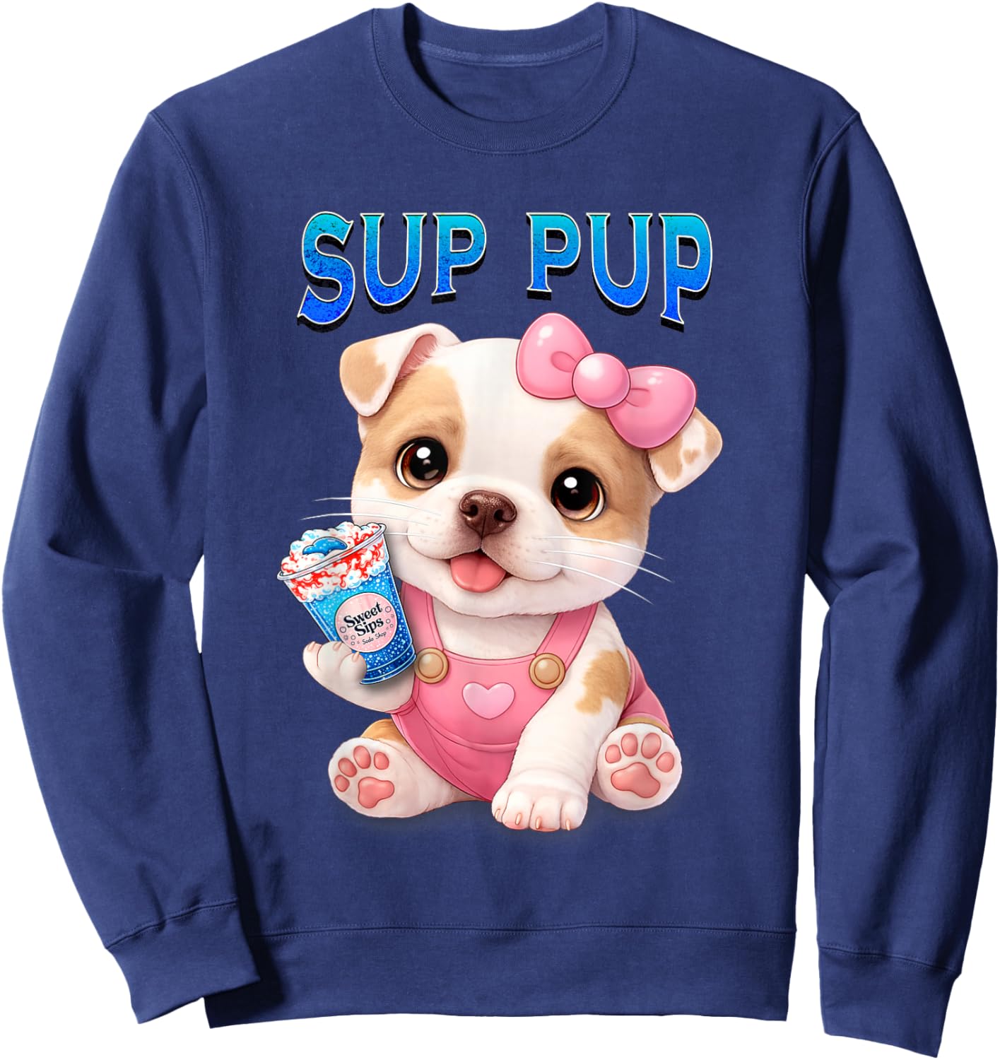 Sup Pup Cute Pitbull Puppy with Sweet Sips Cartoon Dog Sweatshirt - Sweatshirt | Navy