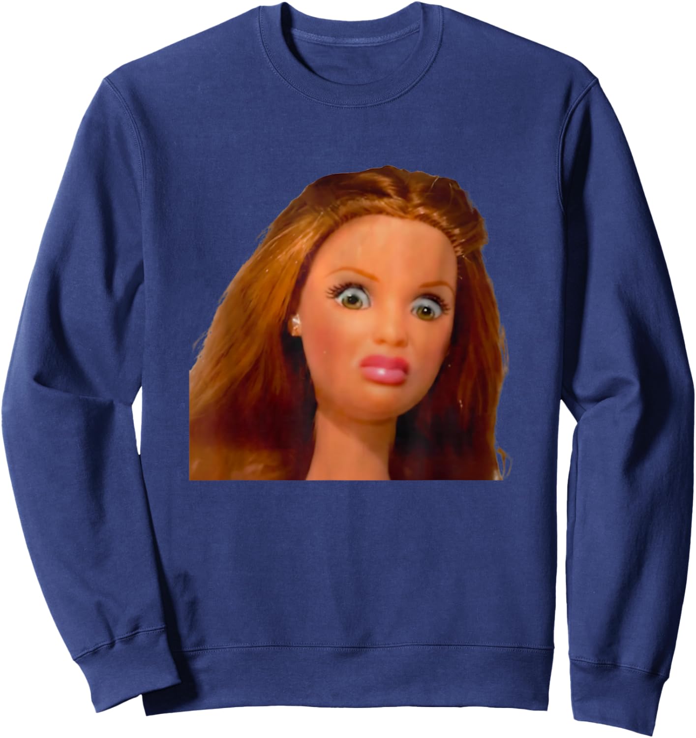 New Funny Distressed Doll Face Meme Sweatshirt - Sweatshirt | Navy