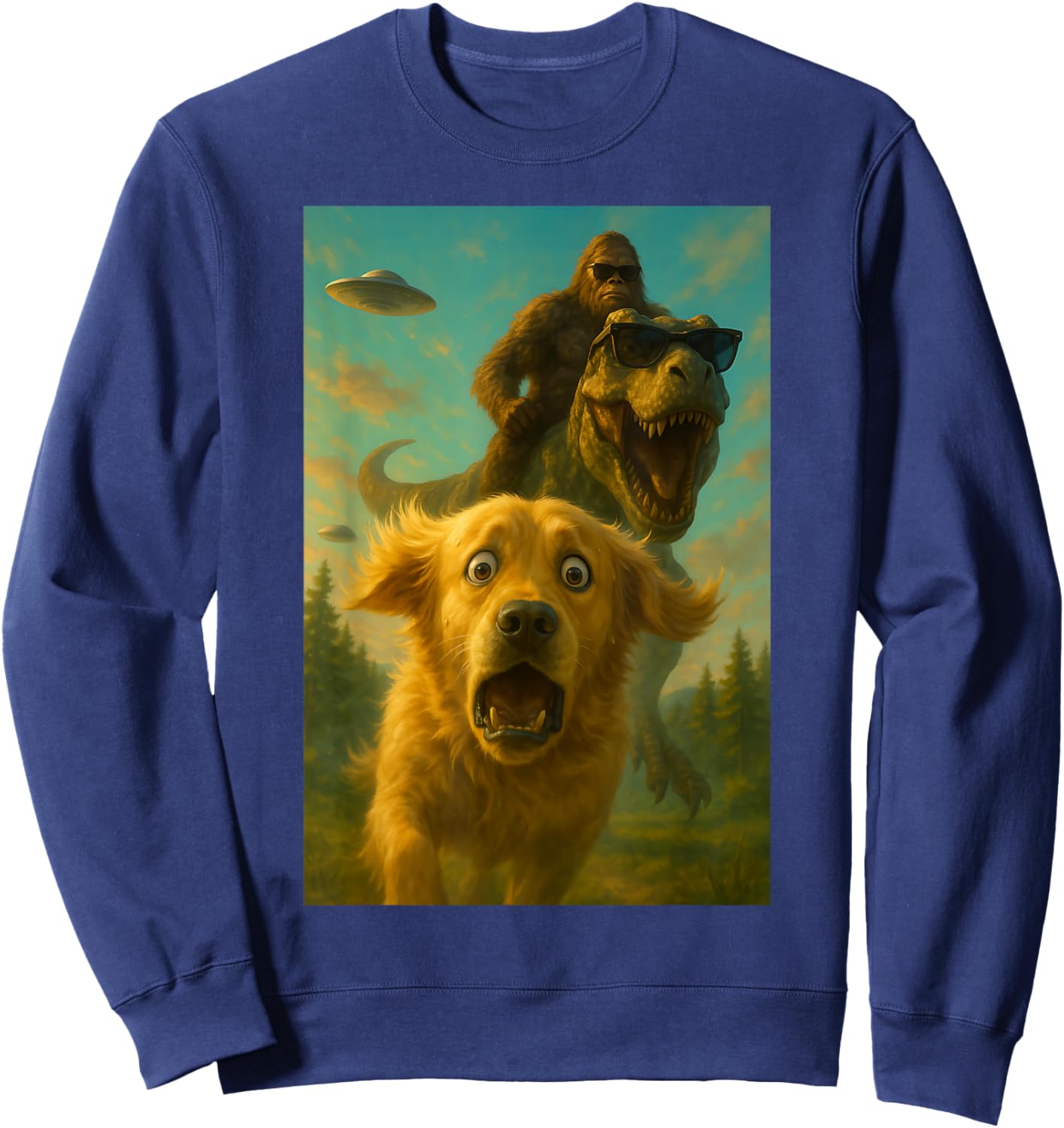 Terrified Golden Retriever T-Rex Bigfoot UFO Selfie Design Sweatshirt - Sweatshirt | Navy