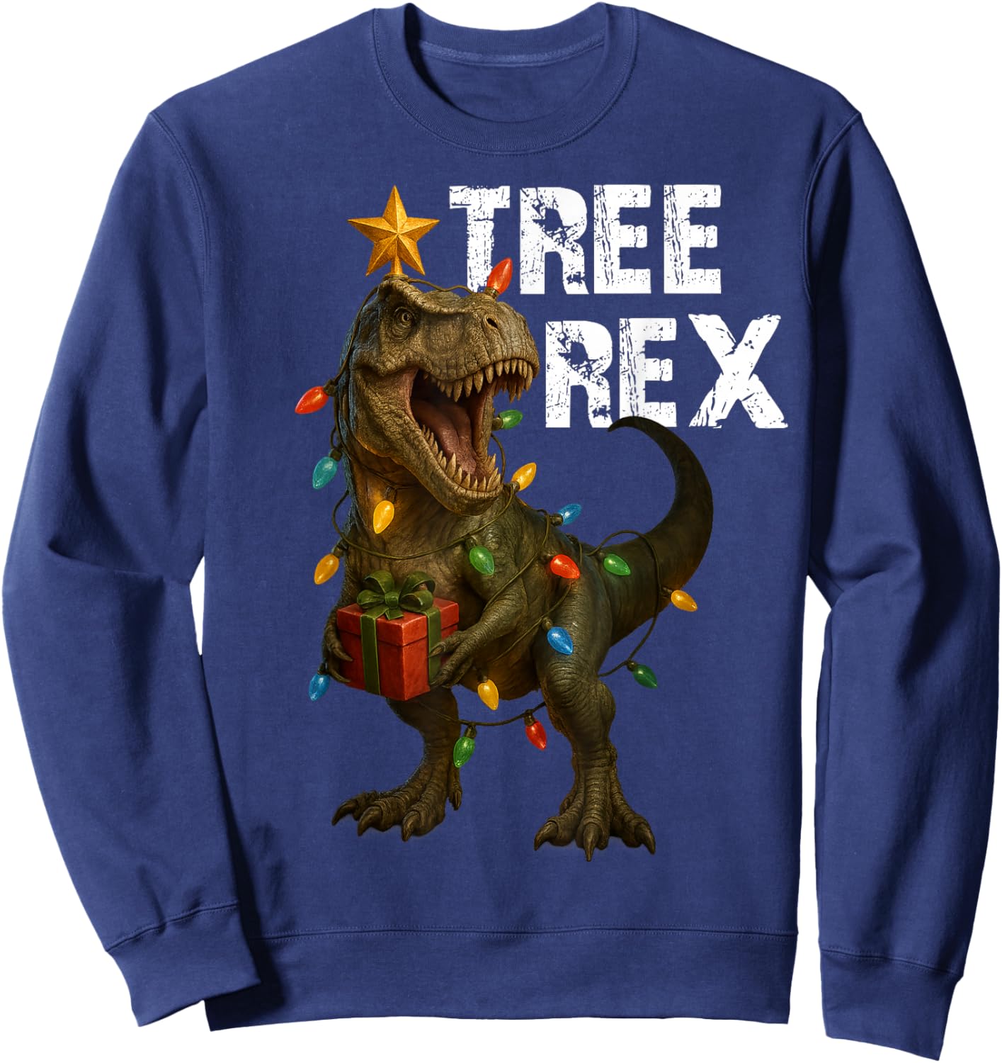 Funny Tree Rex Dinosaur Christmas Xmas Lights Sweatshirt - Sweatshirt | Navy