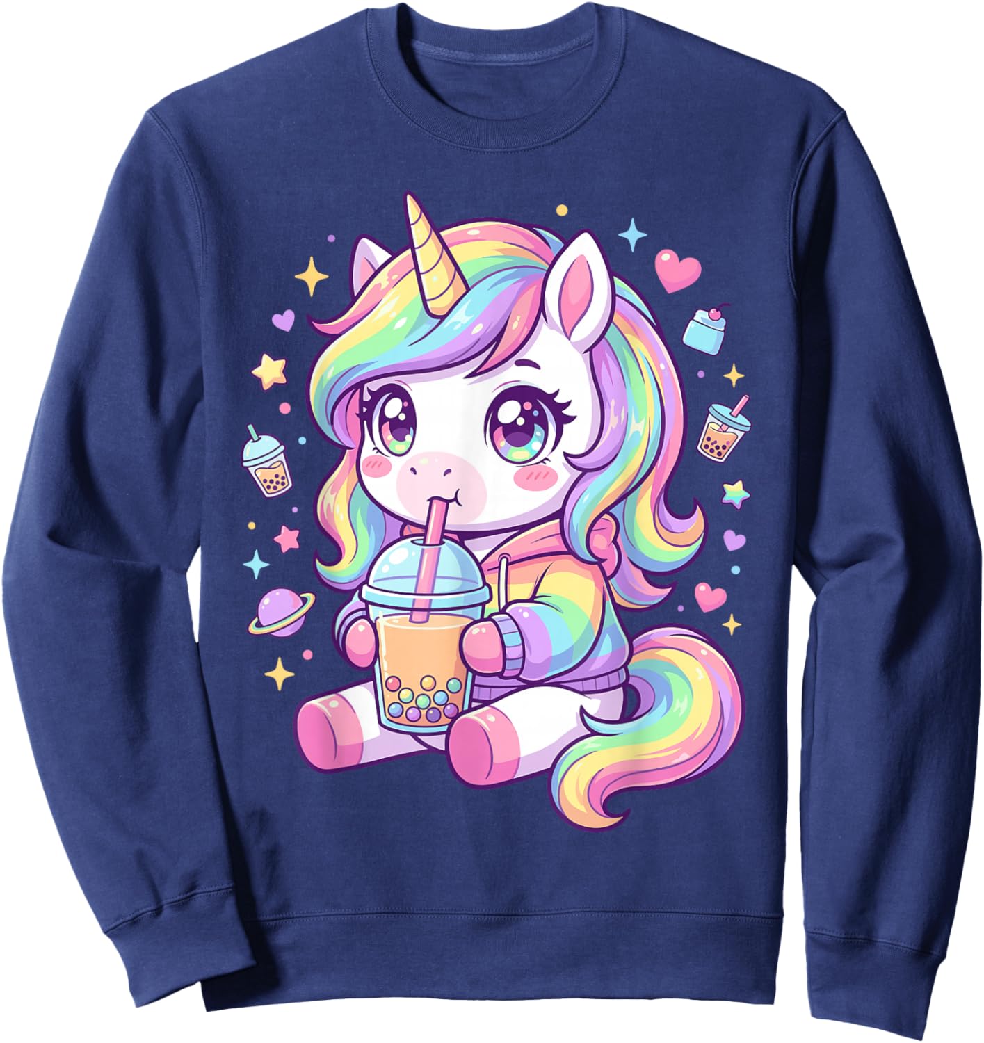 Adorable Pastel Unicorn Drinking Boba Art Kawaii Pony Sweatshirt - Sweatshirt | Navy