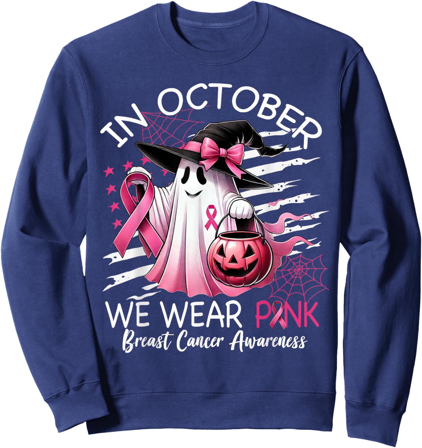 in October We Wear Pink Boo Ghost Breast Cancer Pink Ribbon Sweatshirt - Sweatshirt | Navy