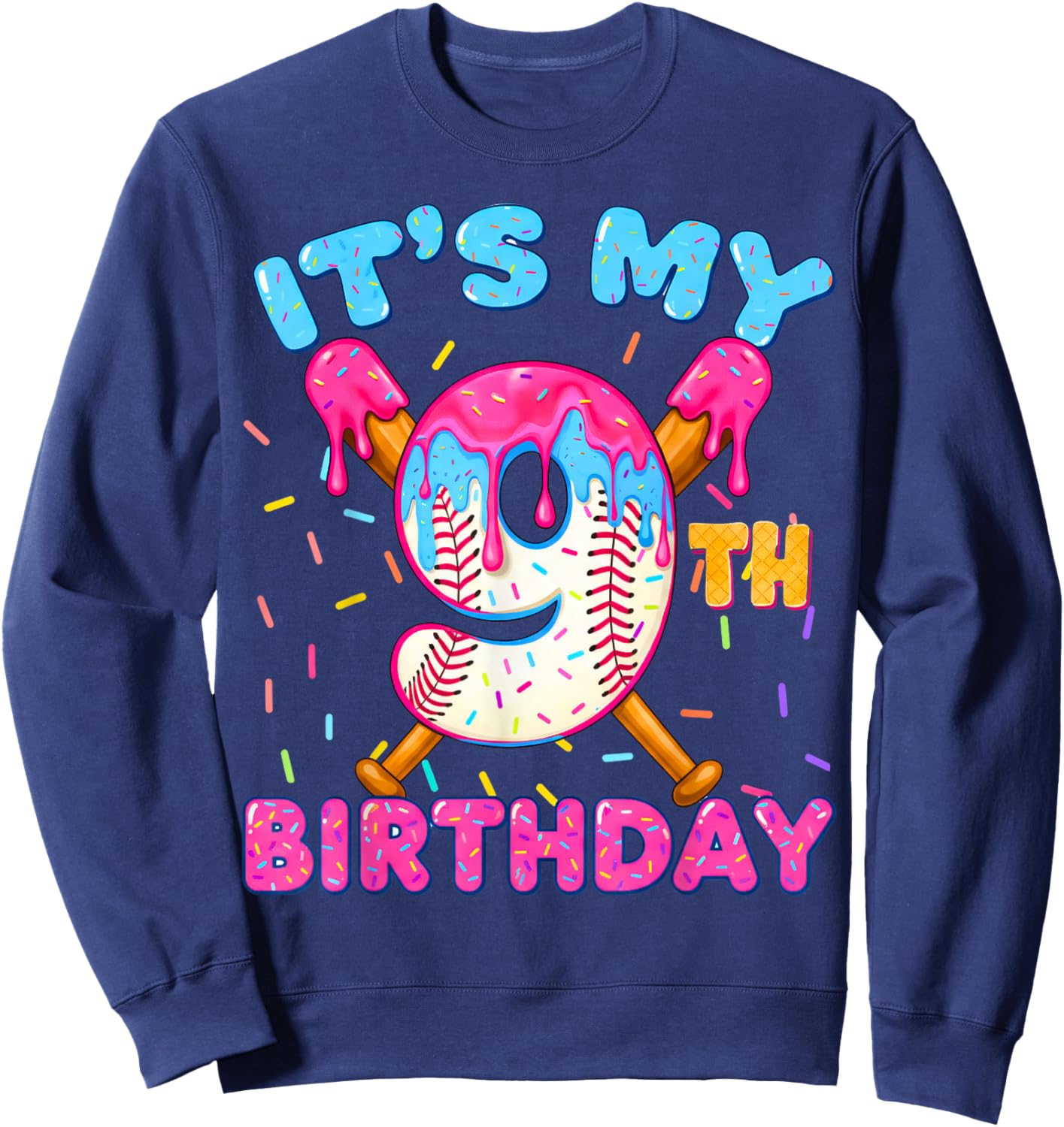 9th Birthday Baseball 9 Year Old Ice Cream Drip Boy Baseball Sweatshirt - Sweatshirt | Navy